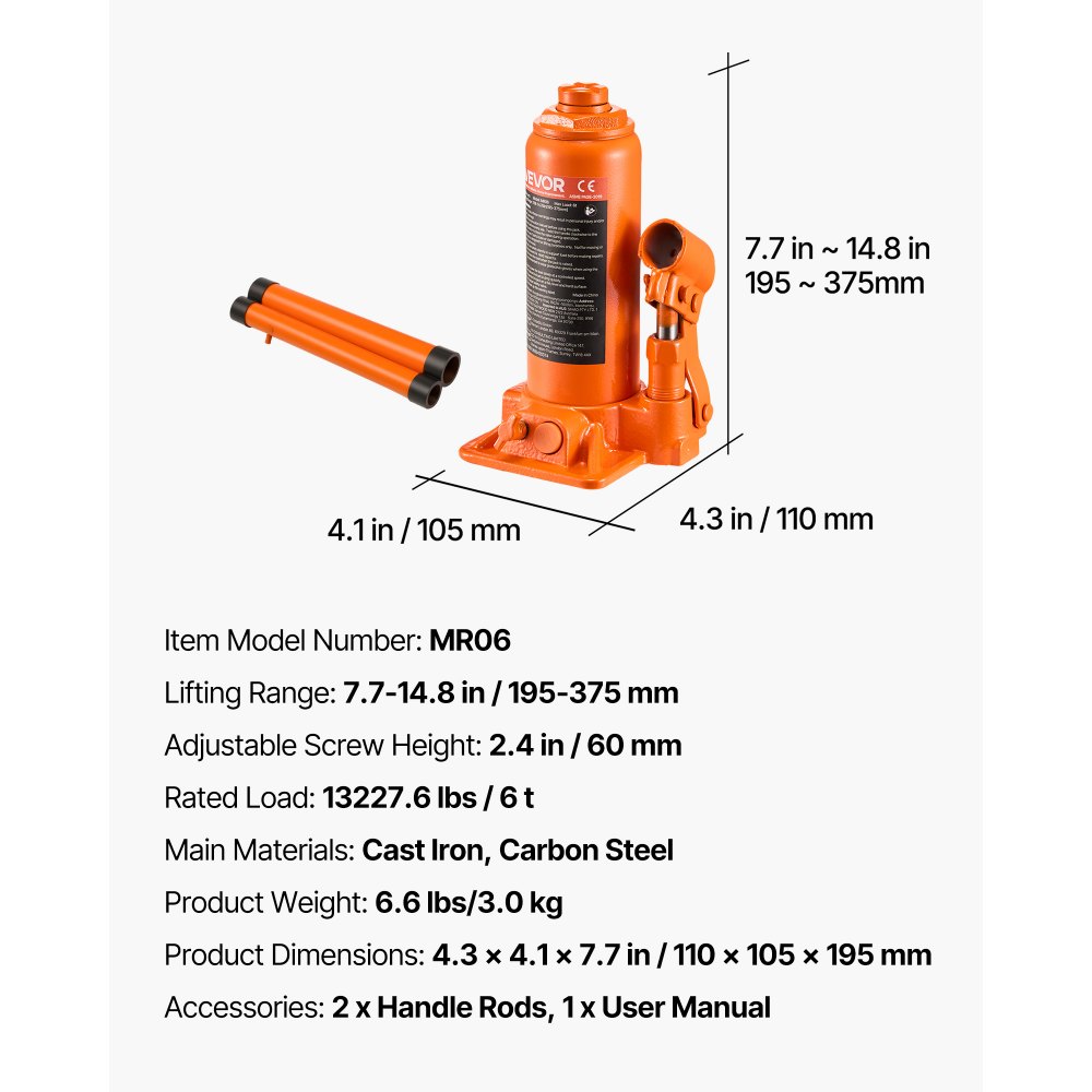 VEVOR hydraulische fleskrik met 6 t capaciteit, 195-375 mm hefbereik, fleskrik met lassysteem voor auto-pick-up SUV autoreparatie, fleskrik oranje autokrik zwaar