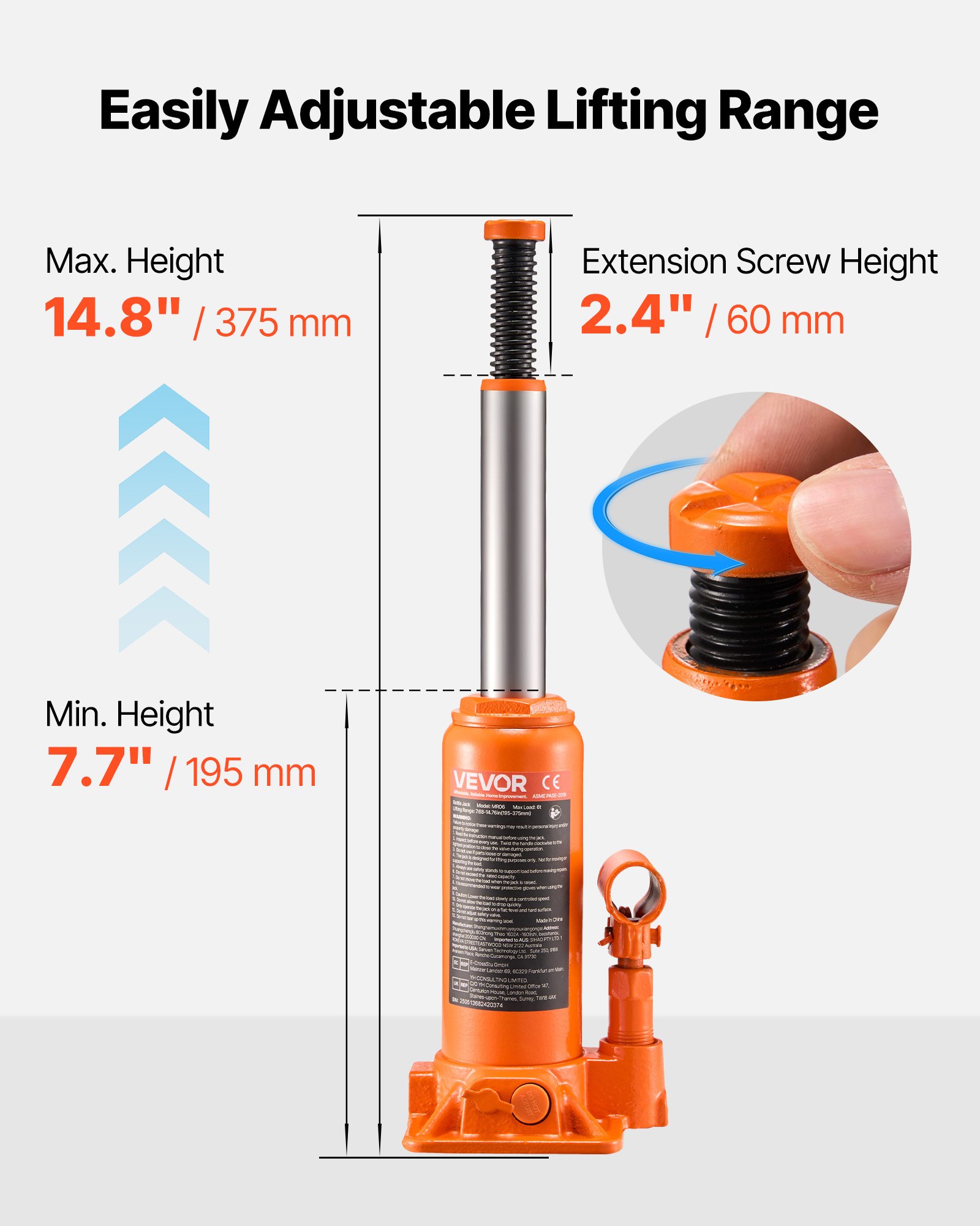 VEVOR hydraulische fleskrik met 6 t capaciteit, 195-375 mm hefbereik, fleskrik met lassysteem voor auto-pick-up SUV autoreparatie, fleskrik oranje autokrik zwaar