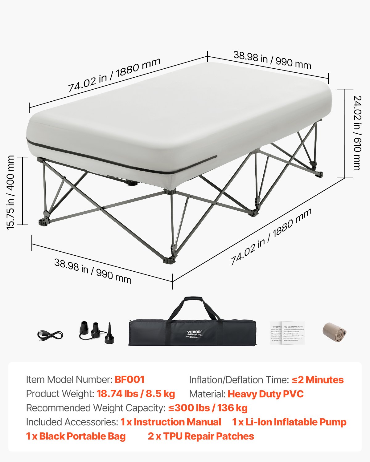 VEVOR Twin Air Matras met Frame, Opblaasbaar Matras voor 1 Persoon met Pomp en Roltas, Max. 136 kg, Snel Opblaasbaar Luchtbed voor Thuis, Gasten en Camping, 1880 x 990 x 610 mm