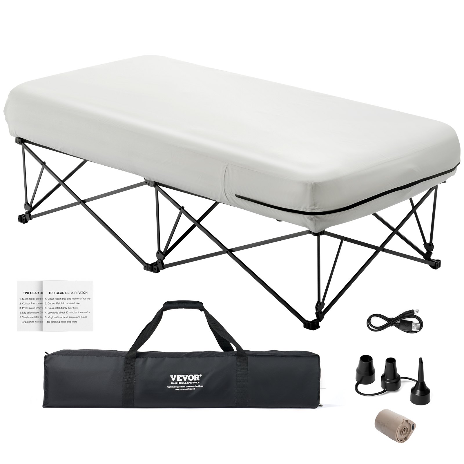 VEVOR Twin Air Matras met Frame, Opblaasbaar Matras voor 1 Persoon met Pomp en Roltas, Max. 136 kg, Snel Opblaasbaar Luchtbed voor Thuis, Gasten en Camping, 1880 x 990 x 610 mm