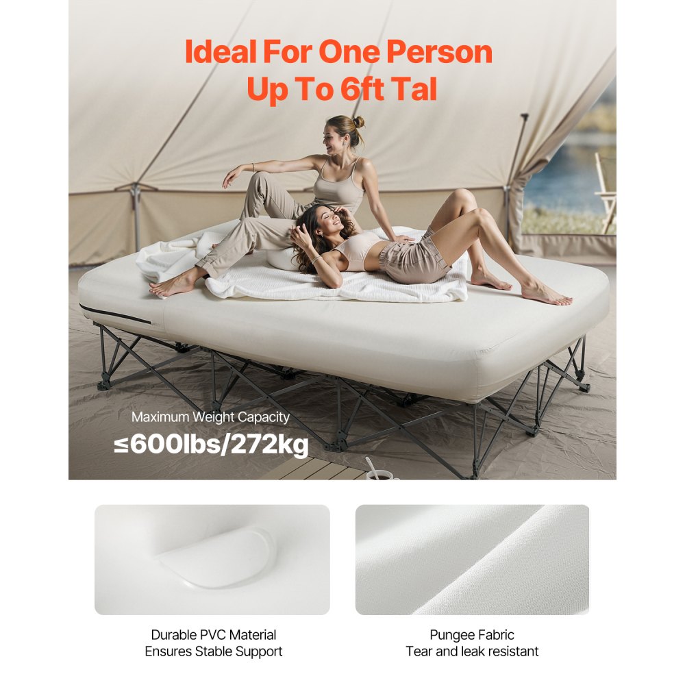 VEVOR Twin Air Matras met Frame, Opblaasbaar Matras voor 2 Personen met Pomp en Roltas, Max. 272 ​​kg, Snel Opblaasbaar Luchtbed voor Thuis, Gasten en Camping, 2000 x 1505 x 580 mm