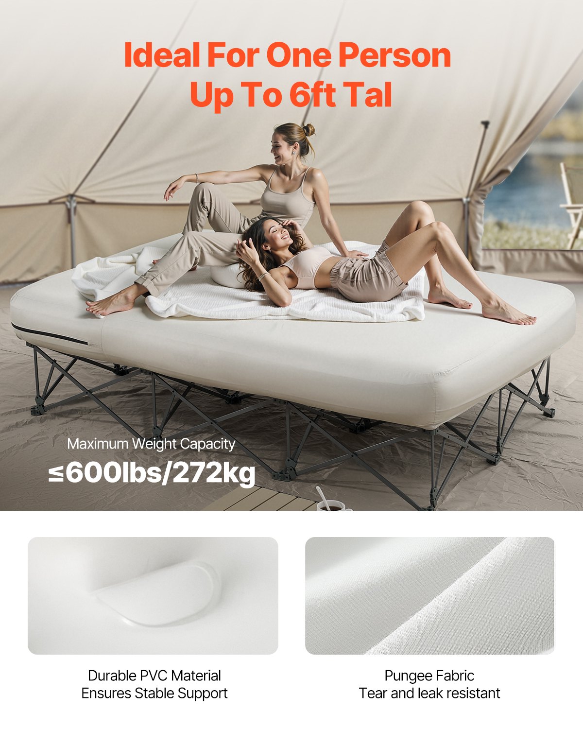 VEVOR Twin Air Matras met Frame, Opblaasbaar Matras voor 2 Personen met Pomp en Roltas, Max. 272 ​​kg, Snel Opblaasbaar Luchtbed voor Thuis, Gasten en Camping, 2000 x 1505 x 580 mm