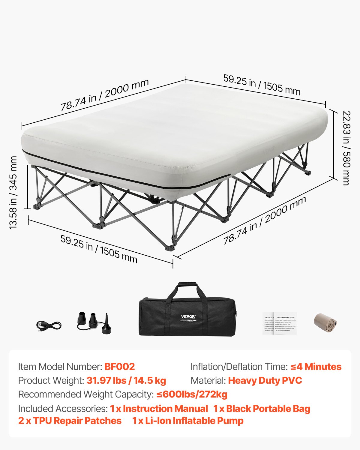 VEVOR Twin Air Matras met Frame, Opblaasbaar Matras voor 2 Personen met Pomp en Roltas, Max. 272 ​​kg, Snel Opblaasbaar Luchtbed voor Thuis, Gasten en Camping, 2000 x 1505 x 580 mm