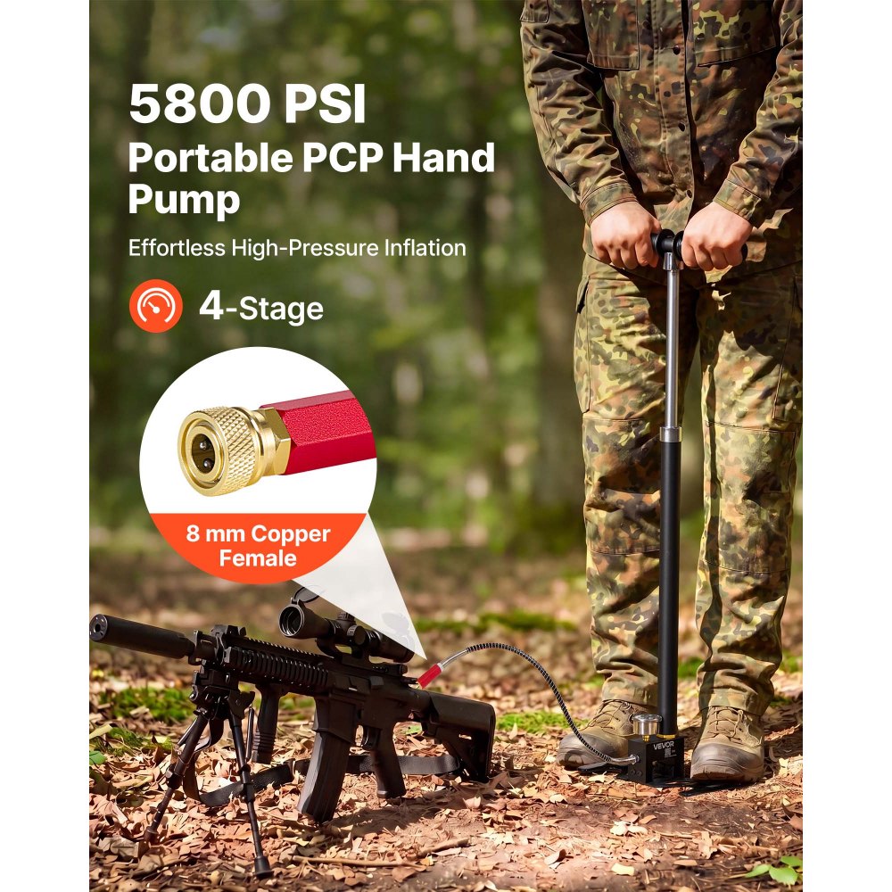 VEVOR PCP handpomp, 4-traps, hogedrukpomp tot 40 MPa, vloerpomp met olie-waterfilter, manometer en roestvrijstalen behuizing, voor luchtgeweren, paintball, banden oppompen en opblaasboten, zwart
