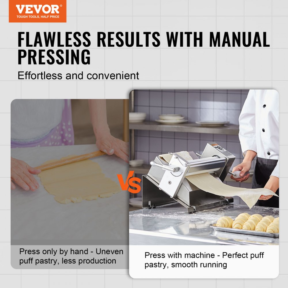VEVOR Manual Dough Sheeter Machine, Puff Pastry Sheeter and Fondant Roller, Removable Handle, Panel, Roller for Easy Cleaning, Max 1/2 inch Adjustable Thickness, for Home or Small Commercial Kitchens