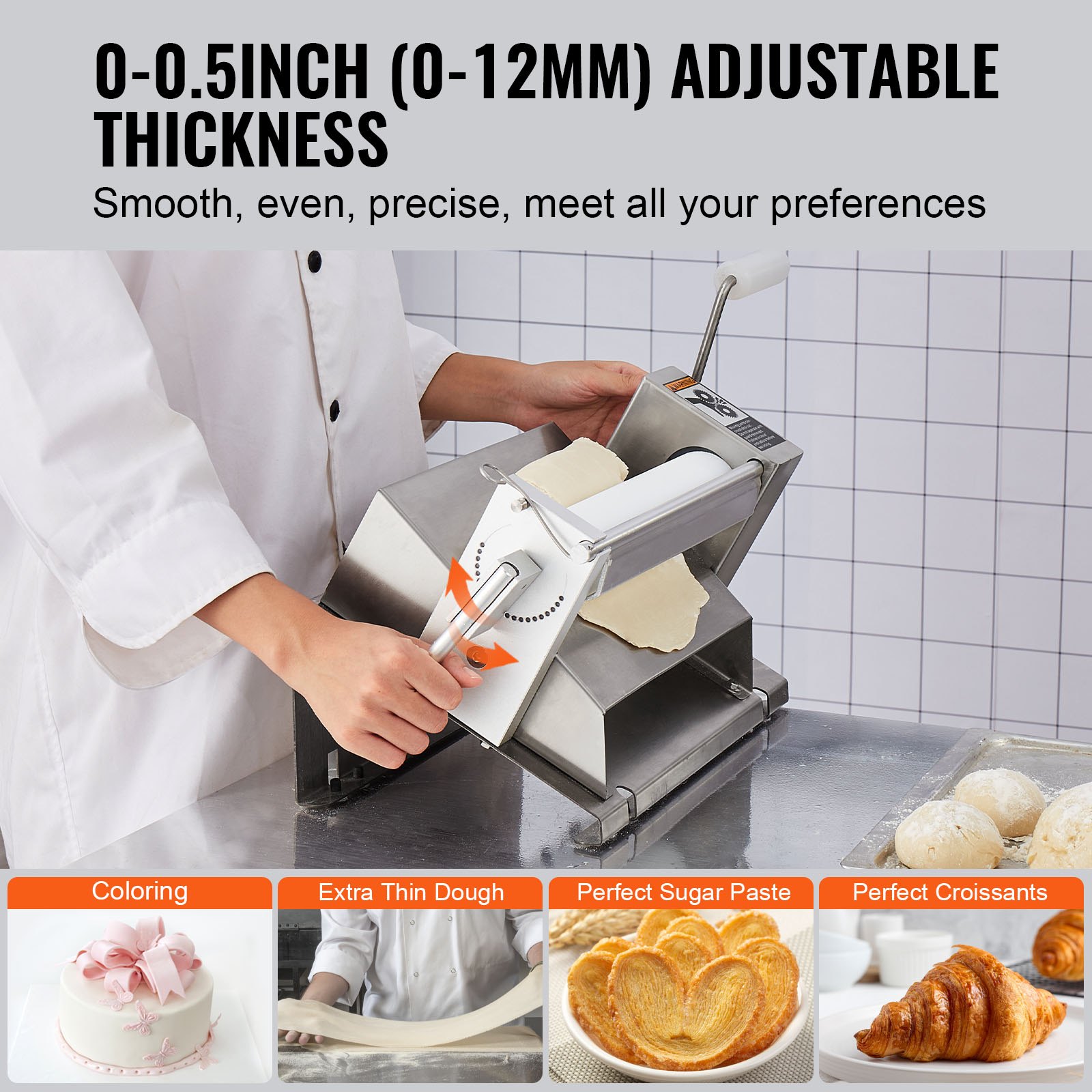 VEVOR Manual Dough Sheeter Machine, Puff Pastry Sheeter and Fondant Roller, Removable Handle, Panel, Roller for Easy Cleaning, Max 1/2 inch Adjustable Thickness, for Home or Small Commercial Kitchens