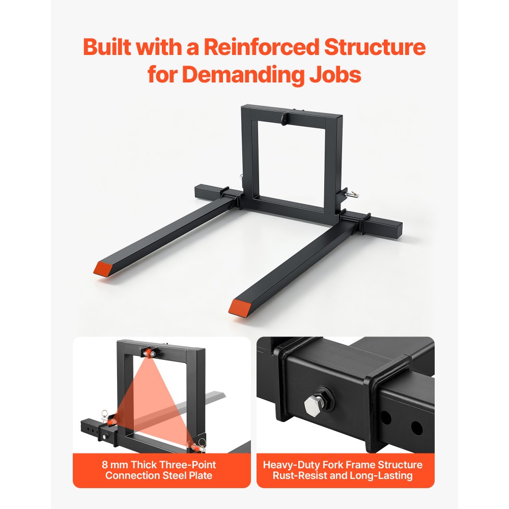 VEVOR 3 Point Hitch Pallet Forks 4000 lbs 50 in Tractor Fork Attachment, Great for Category 1 Tractors, 29-46 in Adjustable Width, Heavy-Duty Reinforced Steel Body, Quick-Attach System, Orange Tips