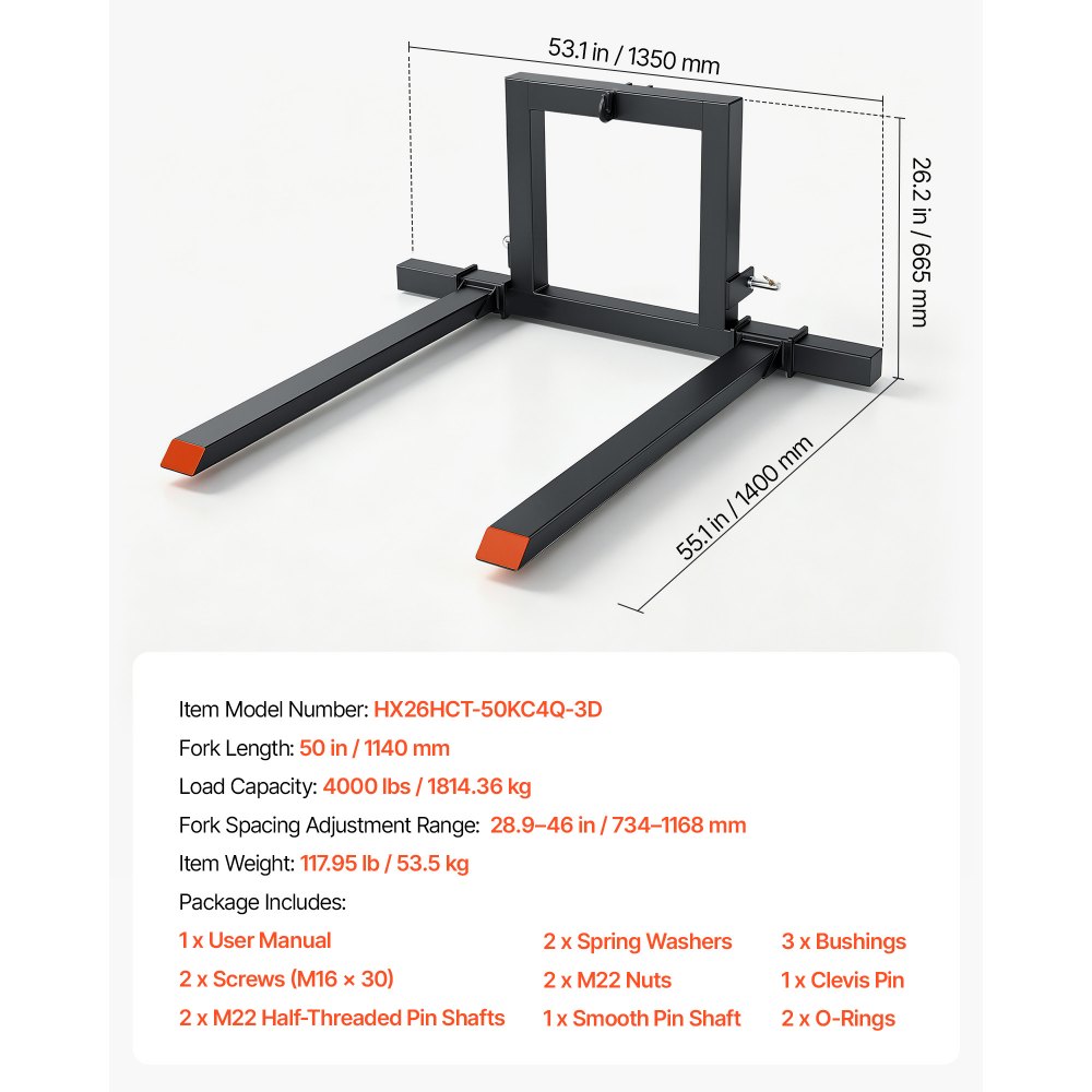 VEVOR 3 Point Hitch Pallet Forks 4000 lbs 50 in Tractor Fork Attachment, Great for Category 1 Tractors, 29-46 in Adjustable Width, Heavy-Duty Reinforced Steel Body, Quick-Attach System, Orange Tips