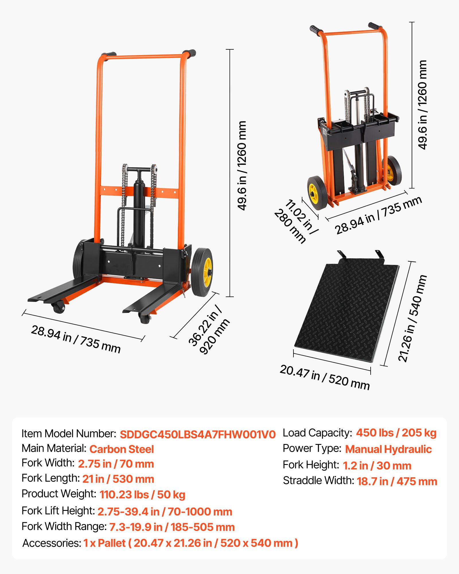 VEVOR Handmatige hooghefpallettruck 205 kg, platformpallettruck met hefplatform, maximale hefhoogte 100 cm, materiaal: heflier, platformpallettruck, handpallettruck, oranje en zwart