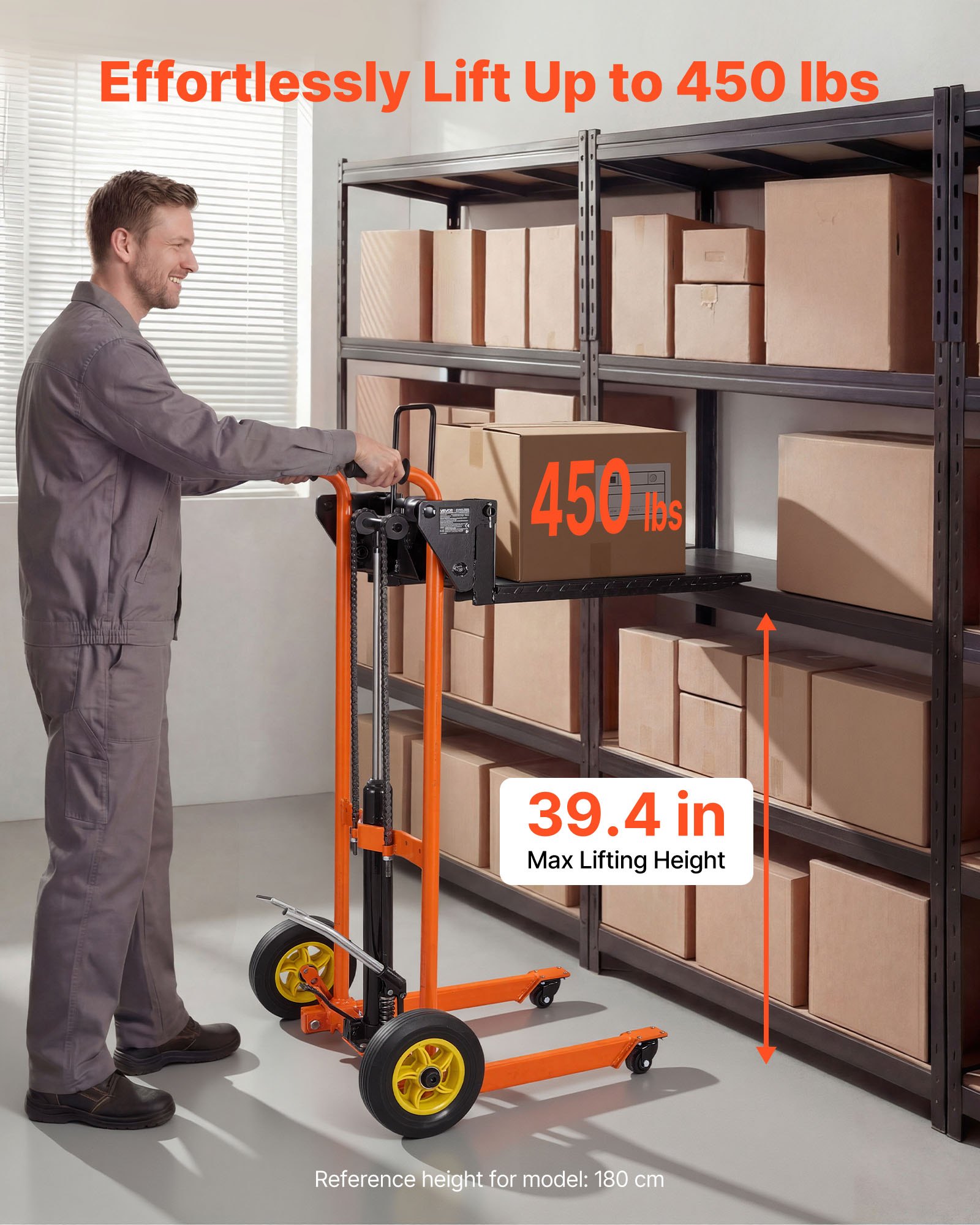 VEVOR Handmatige hooghefpallettruck 205 kg, platformpallettruck met hefplatform, maximale hefhoogte 100 cm, materiaal: heflier, platformpallettruck, handpallettruck, oranje en zwart