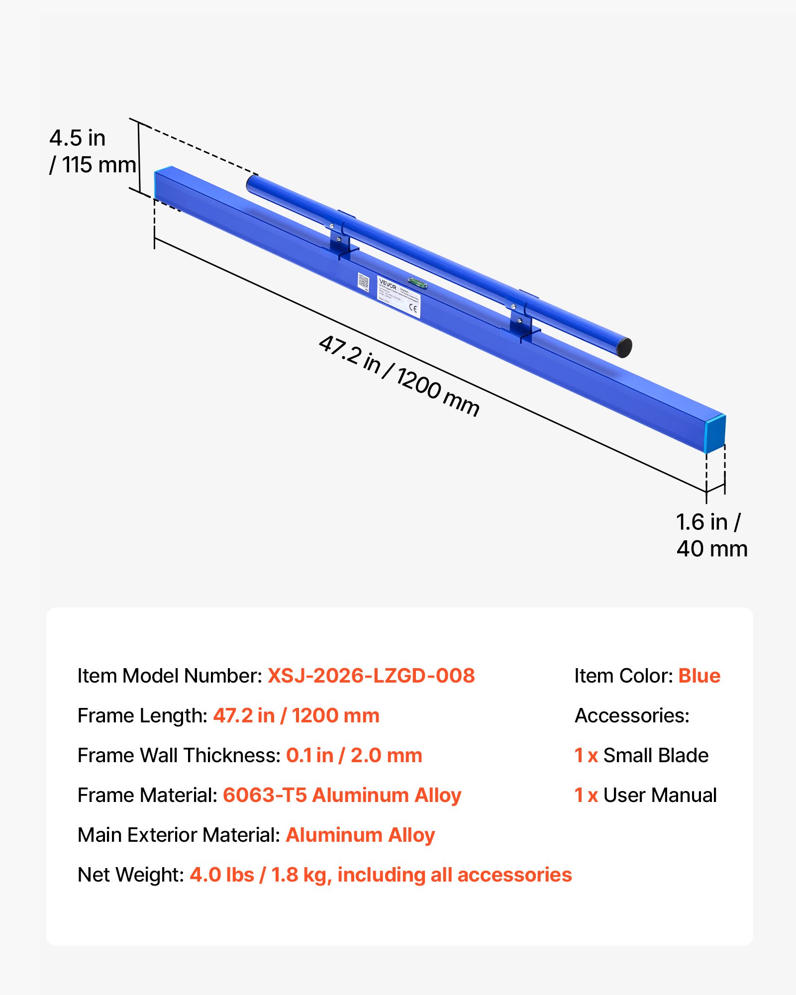 VEVOR Betonafvlakker, Handmatige betonverdeler, Vloerafvlakker, 1200 mm, Blauw, Aluminiumlegering, met Geïntegreerde Waterpas en Handvat, Nivelleergereedschap voor het egaliseren en gladmaken van oppervlakken voor wegenbouw en vloernivellering.