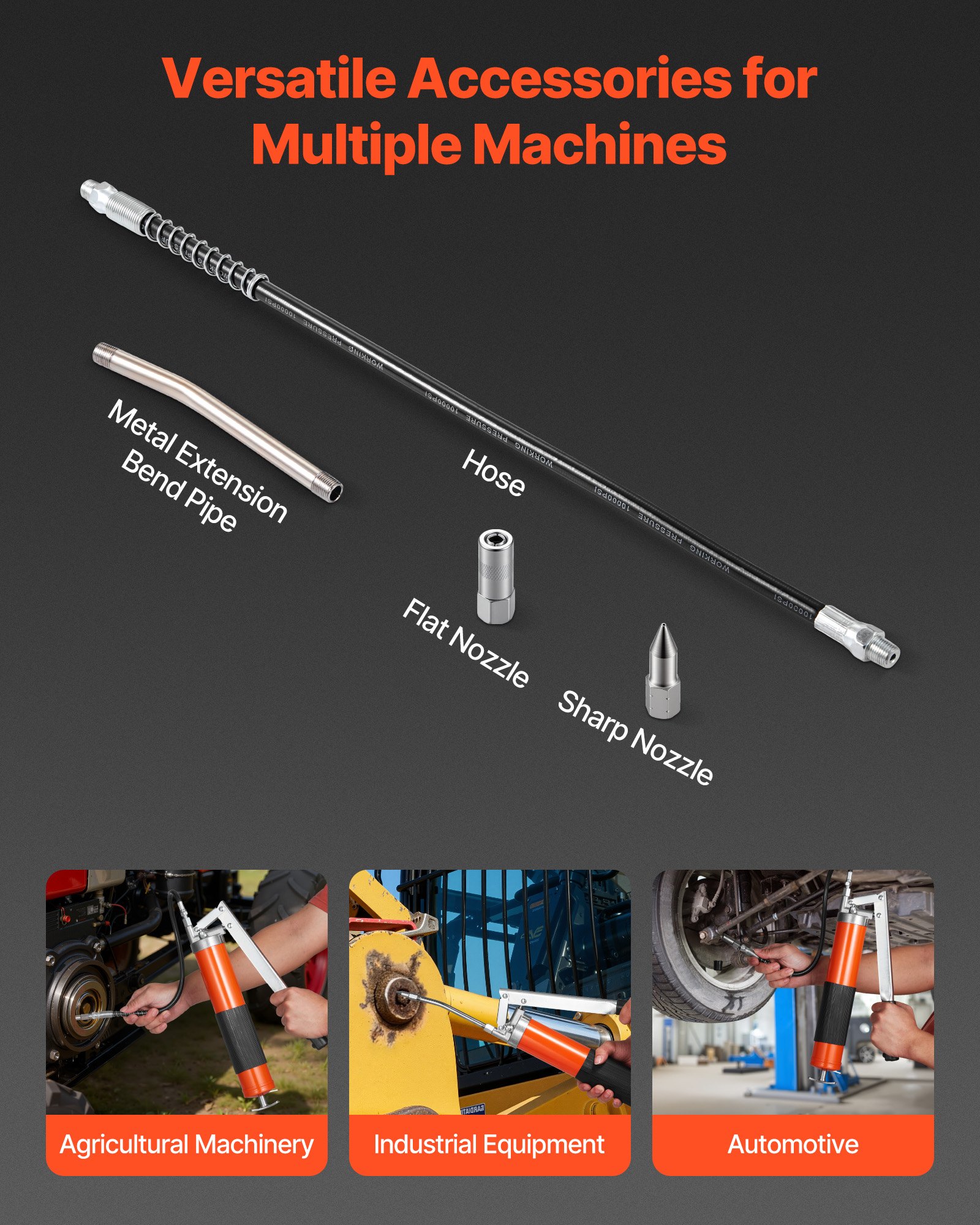 VEVOR Grease Gun, 10000 PSI High Pressure, Heavy Duty Pistol Grip Grease Gun Kit with 0.4 L Capacity, Includes 46 cm Flex Hose, 1 Extension Rigid Pipe and 1 Sharp Type Nozzle for Automotive, Marine