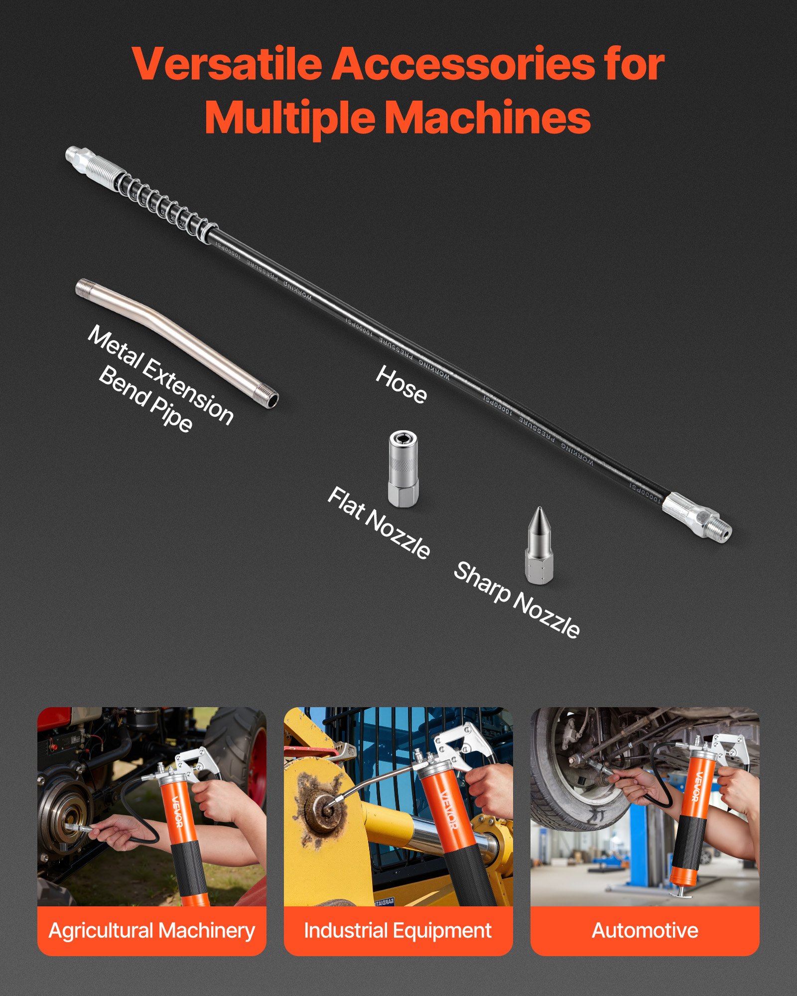 VEVOR Vetpistool, 551 bar, Vetpistoolset met pistoolgreep en een inhoud van 0,4 liter, Vetpistool voor bediening met één hand, inclusief 45,7 cm flexibele slang, 1 verlengbuis en 1 scherp mondstuk voor gebruik in auto's en boten.