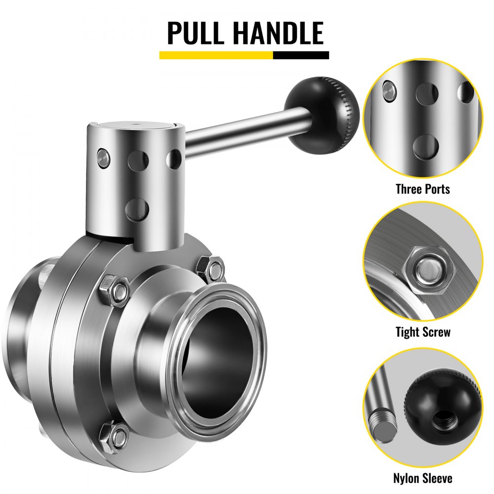 VEVOR Sanitary Butterfly Valve 2 Pack Stainless Butterfly Valve 1.5" Tube Outer Diameter Triclamp Butterfly Valve 304 Stainless Steel Sample Valve Tri Clamp with Pull Handle for Controlling the Fluid