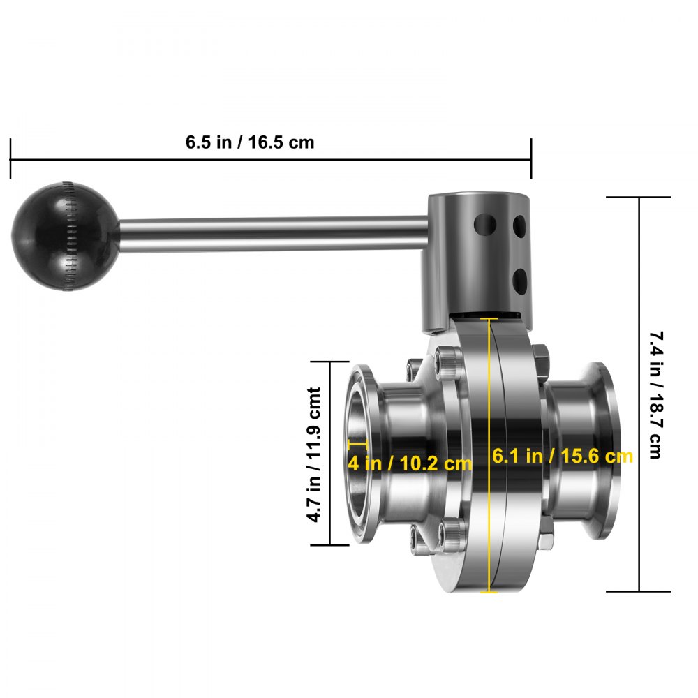 VEVOR Sanitaire Vlinderklep 15 °F tot 200 °F Roestvrij Vlinderklep 1,6 mp Tri Clamp Vlinderklep met Roterende Handgreep Veel Gebruikt in de Voedselproductie, Zuivelproductie en de Chemische Industrie