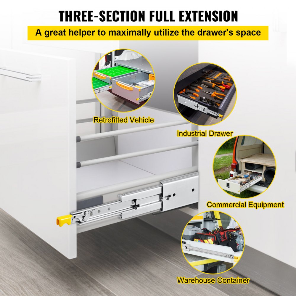 VEVOR Drawer Slides with Lock, 1 Pair 32 inch, Heavy-duty Industrial Steel up to 500 lbs Capacity, 3-Fold Full Extension, Ball Bearing Lock-in & Lock-Out, Side Mount