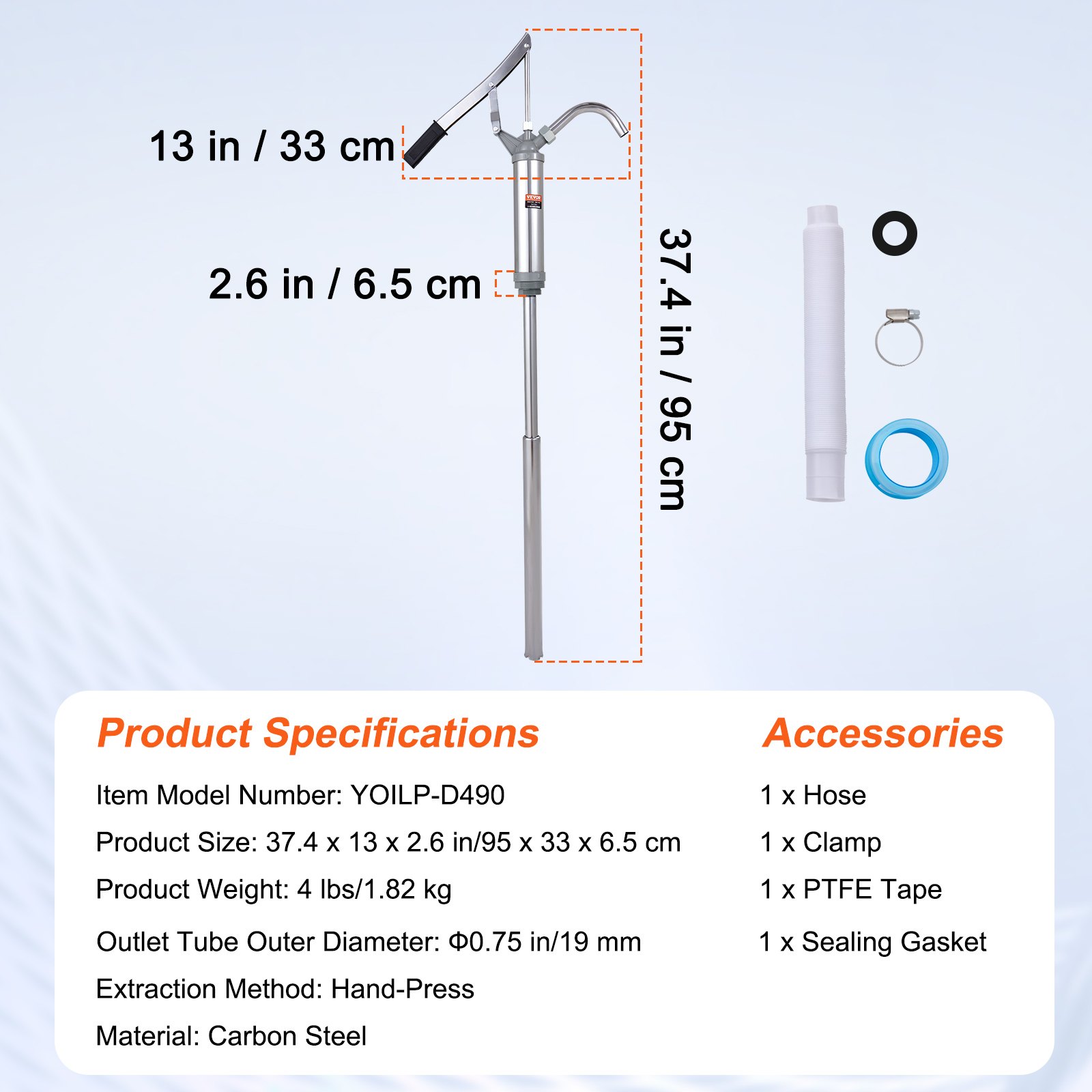 VEVOR Drum Pump 10 oz. Drum Pump with Lever Action per Stroke for Drums from 5 to 55 Gallons with Two-Part Telescopic Suction Tube and Hose for Pumping Fuel Oil Diesel and Carbon Steel