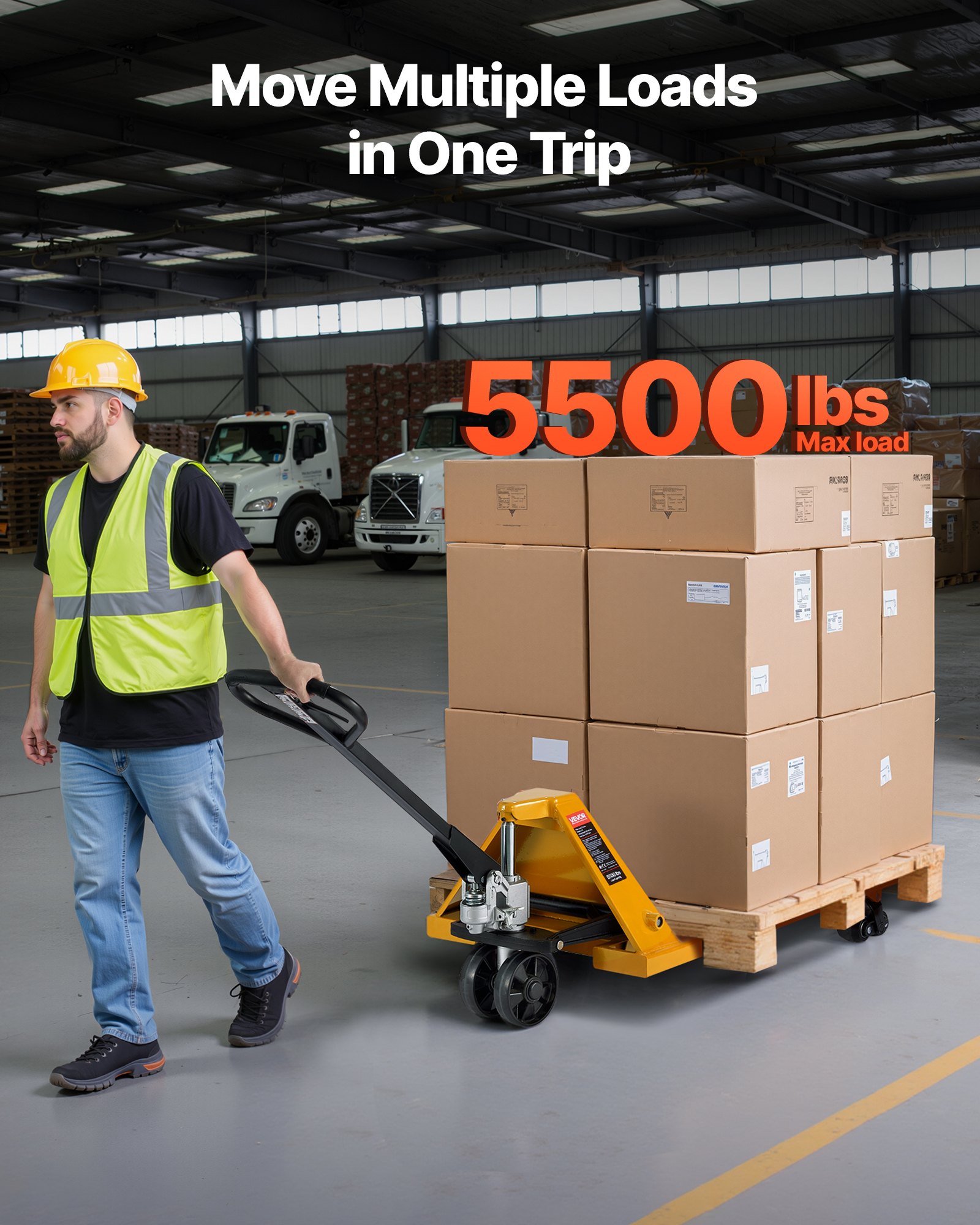 VEVOR Palletwagen, 2,5 T laadvermogen, handpalletwagen met 1220 x 685 mm vorken, palletwagen met 8,5-18 cm hefhoogte, palletwagen voor fabrieken, magazijnen, supermarkten en vrachtwagenlading