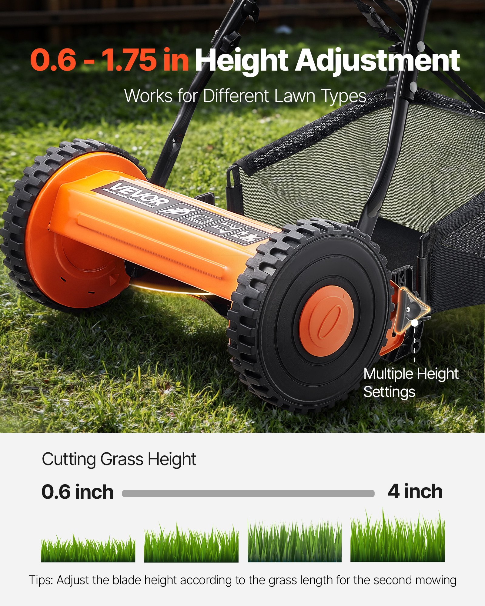 VEVOR Push Reel Lawn Mower 14 inch, 5 Blades Manual Push Mower No Motor, 0.6-1.75 in Adjustable Cutting Height, Walk-Behind Lawn Mowers with Grass Catcher Bag for Green Lawns, Driveways, Courtyards