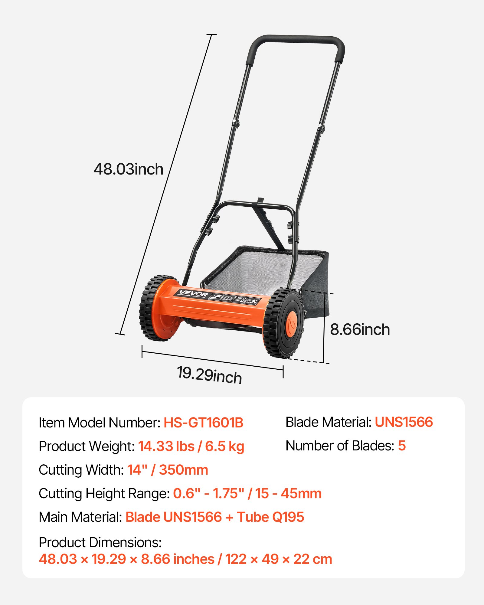 VEVOR Push Reel Lawn Mower 14 inch, 5 Blades Manual Push Mower No Motor, 0.6-1.75 in Adjustable Cutting Height, Walk-Behind Lawn Mowers with Grass Catcher Bag for Green Lawns, Driveways, Courtyards