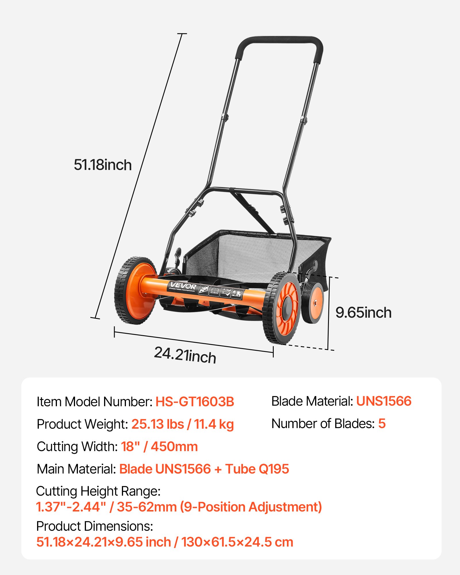 VEVOR cilindermaaier met 450 mm snijbreedte, grasmaaier met maaihoogte van 35 tot 62 mm, handmaaier met 5 messen en grasopvangzak, ideaal voor groene gazons, opritten, binnenplaatsen