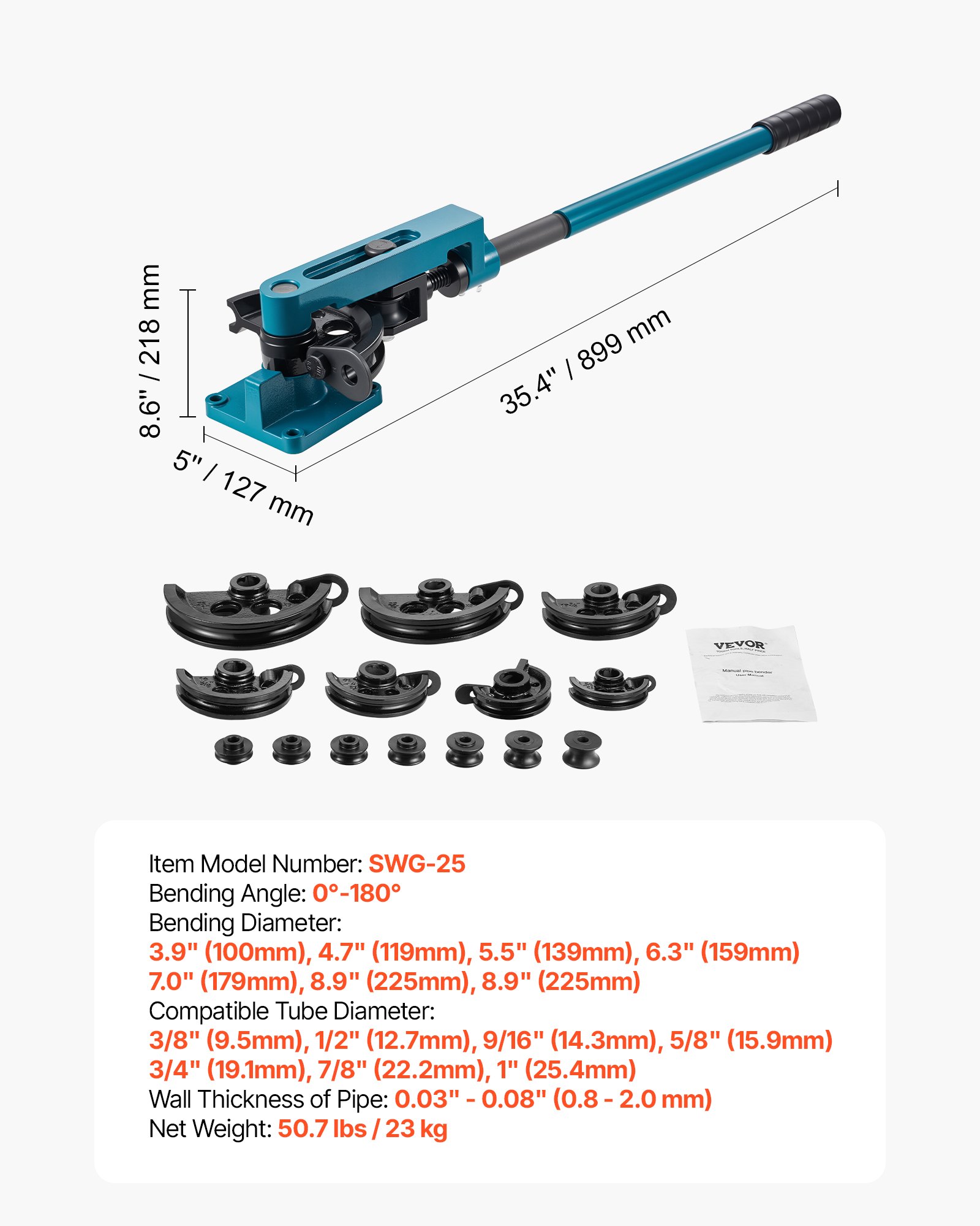 VEVOR Handmatige Pijpenbuigerset Buisbuiger 10-25 mm Zware Stalen met Matrijzen
