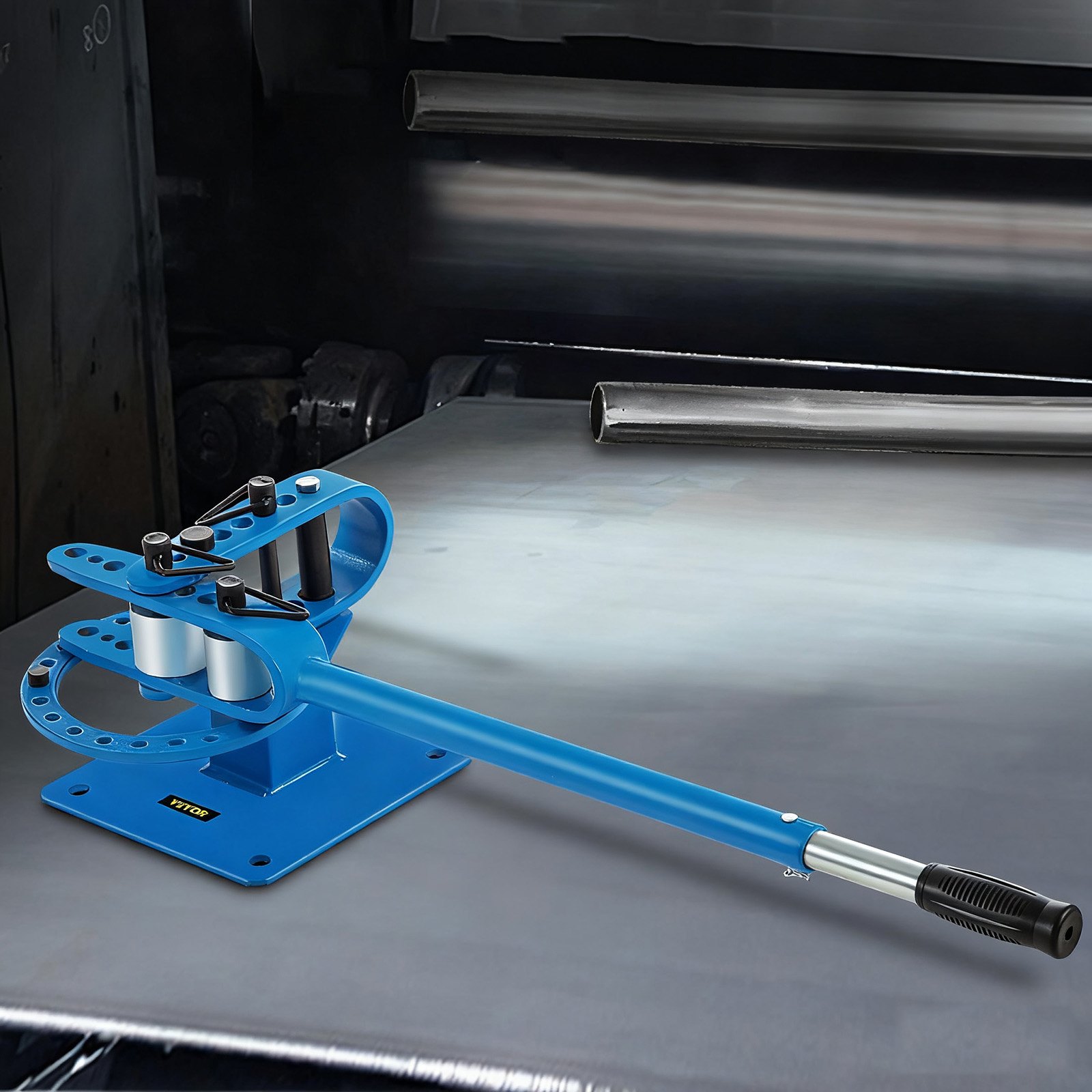 VEVOR YP-9 Manual Bench Top Compact Bender Pipe Bending Machine 7 Dies 1-3inch Metal Fabrication Tube Rod Pipe Bender 44ft Mount Powdercoat Telescoping Handle Maximum 5/8 Thick 1-15/16inch Width