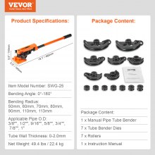 VEVOR tube bender Ø10-25mm (7 matrices) manual tube bender 0-180° hand tube bender 50-113mm bending radius tube bender copper, aluminium, stainless steel tubes with a wall thickness of 0 to 2mm