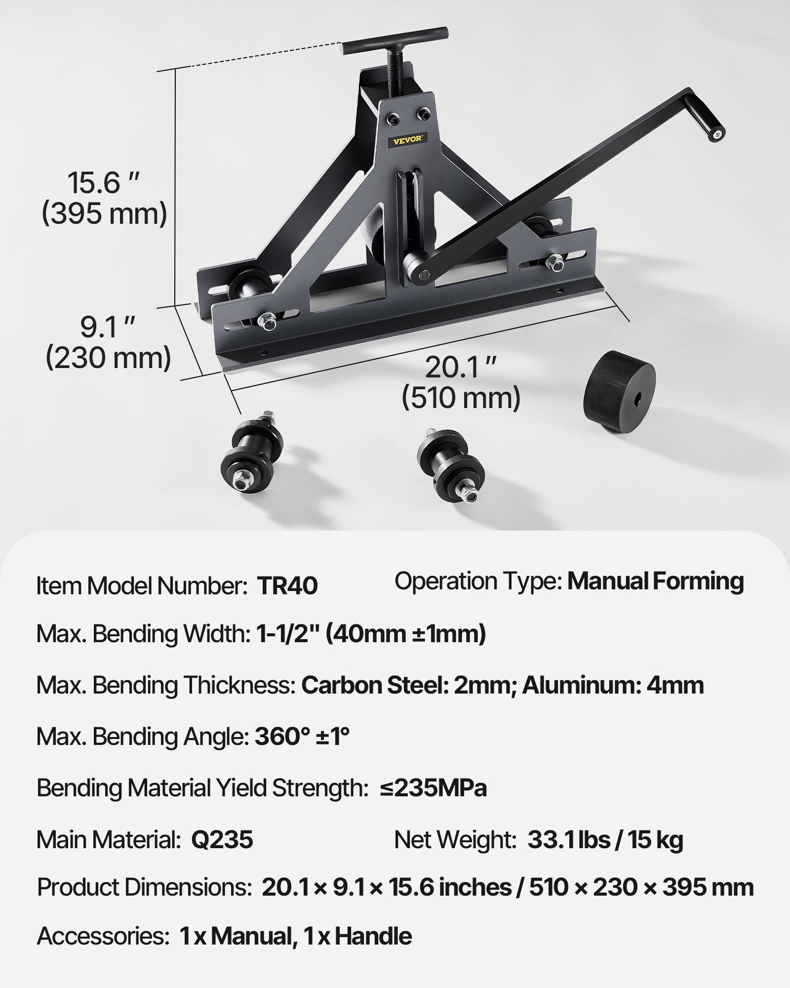 Mophorn 1-1/2" Tubing Rolling Bender Manual Square & Rectangular Tube Bender 14 Gauge Roller Tubing Roller Flat Bar Bender For Mild Steel Cooper & Aluminum