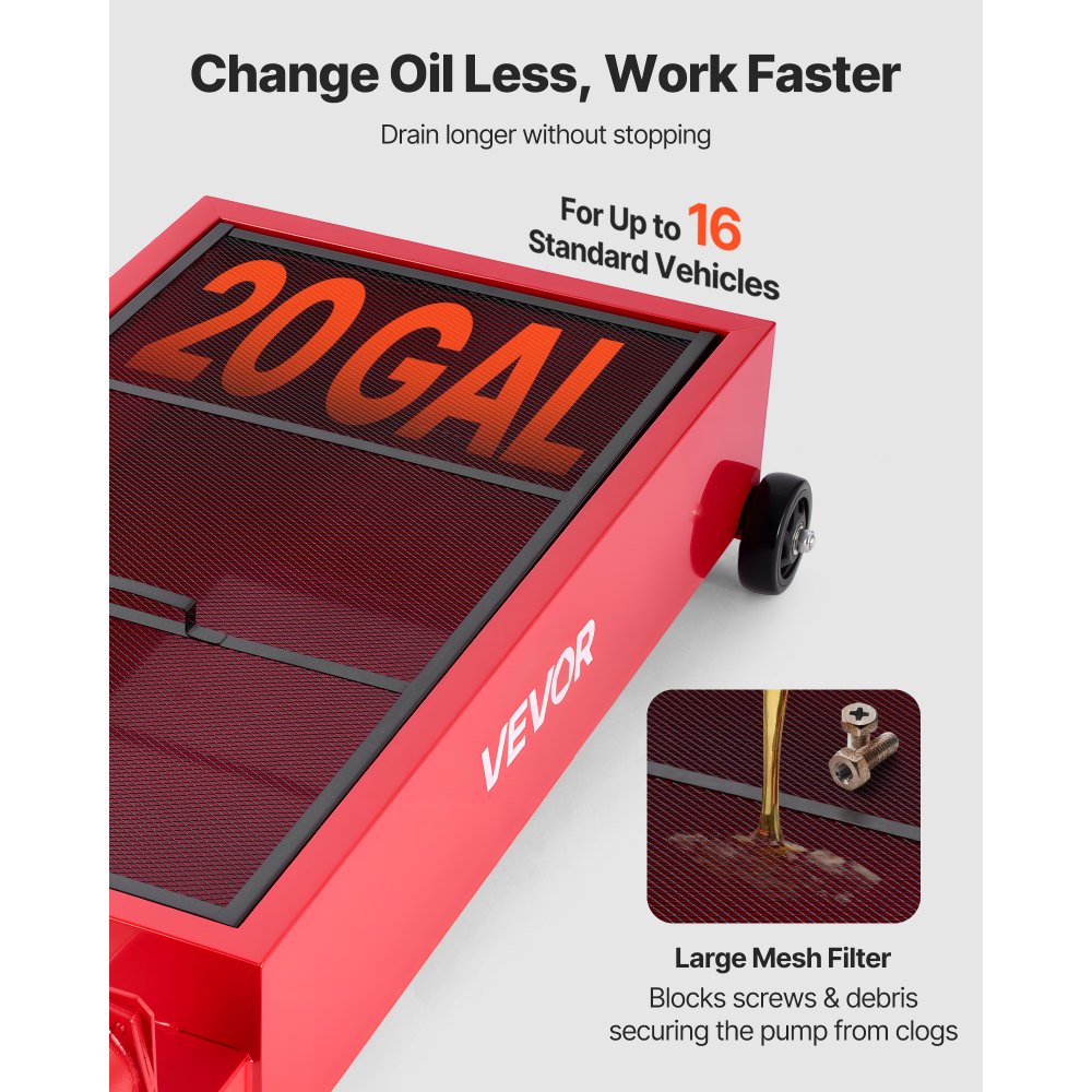 VEVOR Low Profile Olieopvangbak, 75,7L met Handpomp, 2,2m slang & T-handgreep, Lekvrij & Corrosiewerend, voor Auto's, SUV's, Vrachtwagens, ATV's, Rood