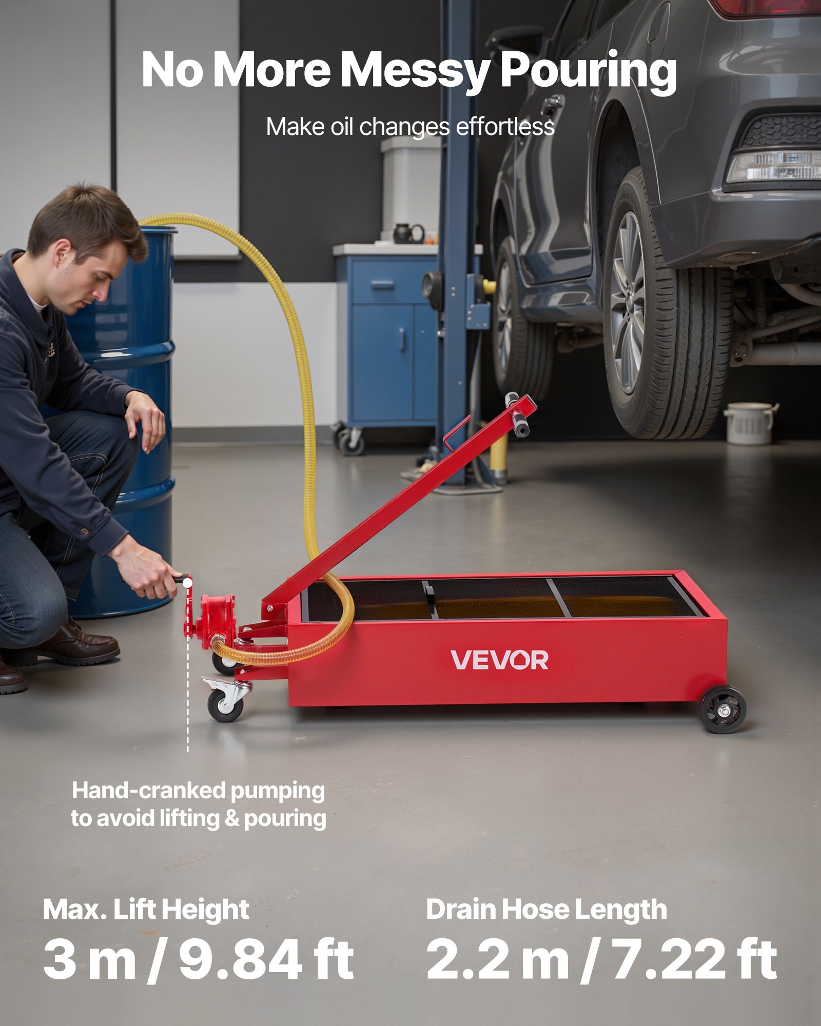 VEVOR Low Profile Olieopvangbak, 75,7L met Handpomp, 2,2m slang & T-handgreep, Lekvrij & Corrosiewerend, voor Auto's, SUV's, Vrachtwagens, ATV's, Rood