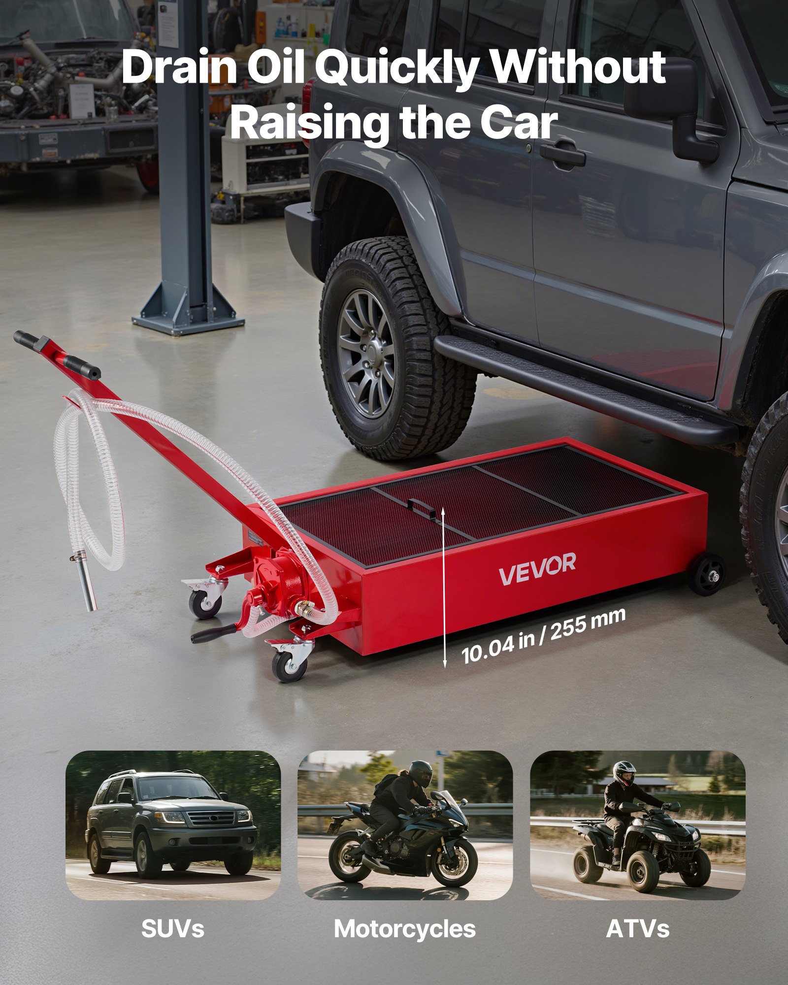 VEVOR Low Profile Olieopvangbak, 75,7L met Handpomp, 2,2m slang & T-handgreep, Lekvrij & Corrosiewerend, voor Auto's, SUV's, Vrachtwagens, ATV's, Rood