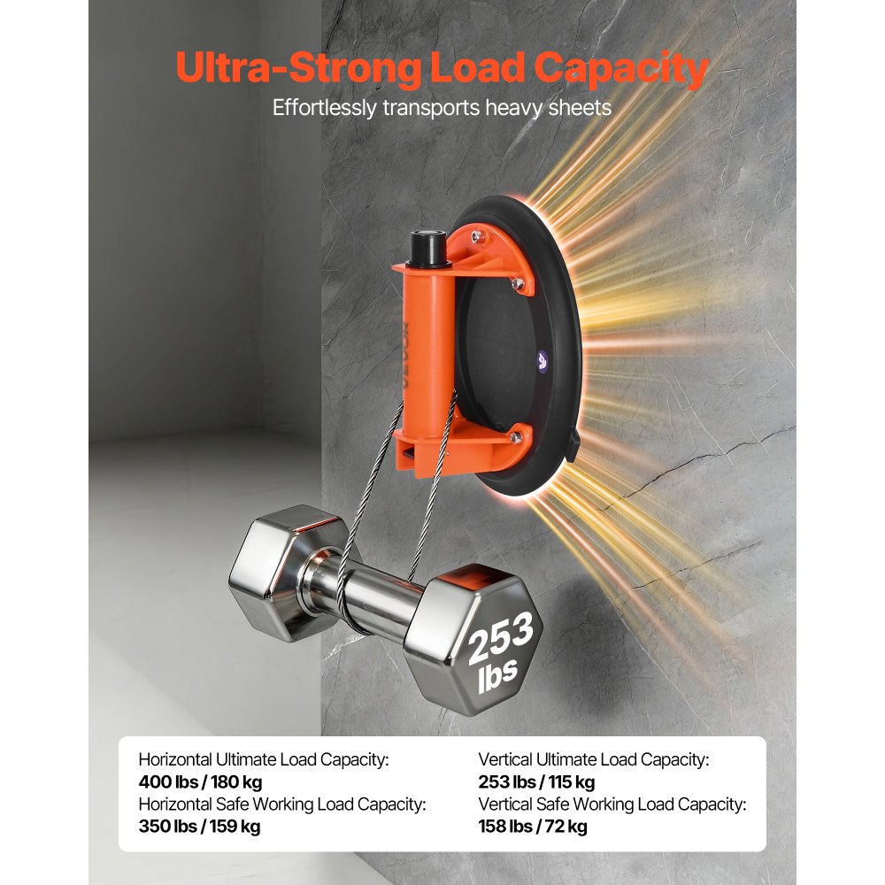 VEVOR Vacuümzuiglift, 203 mm glaslift met ABS-handgreep, 180 kg hefvermogen, tegelzuignap met draagtas voor het tillen van tegels, graniet, gipsplaten en ramen (2 stuks)