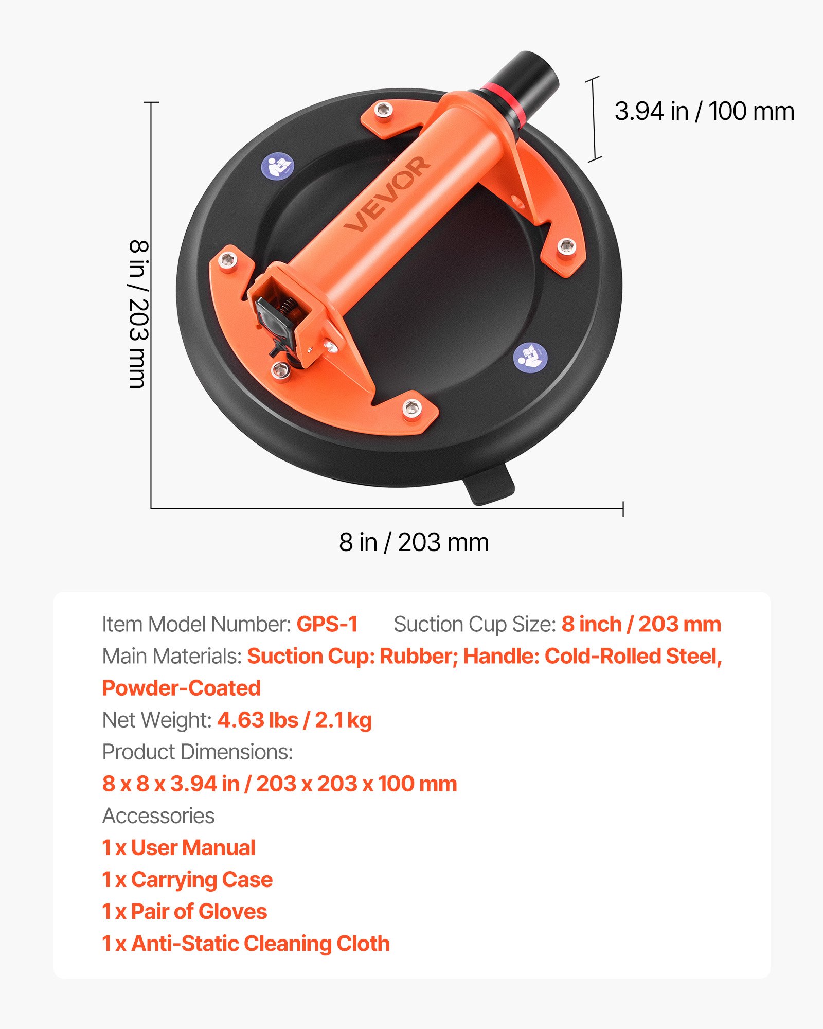 VEVOR Vacuümzuiglift, 203 mm glaslift met metalen handgreep, 195 kg hefvermogen, tegelzuignap met draagtas voor het tillen van tegels, graniet, gipsplaten en ramen (2 stuks)