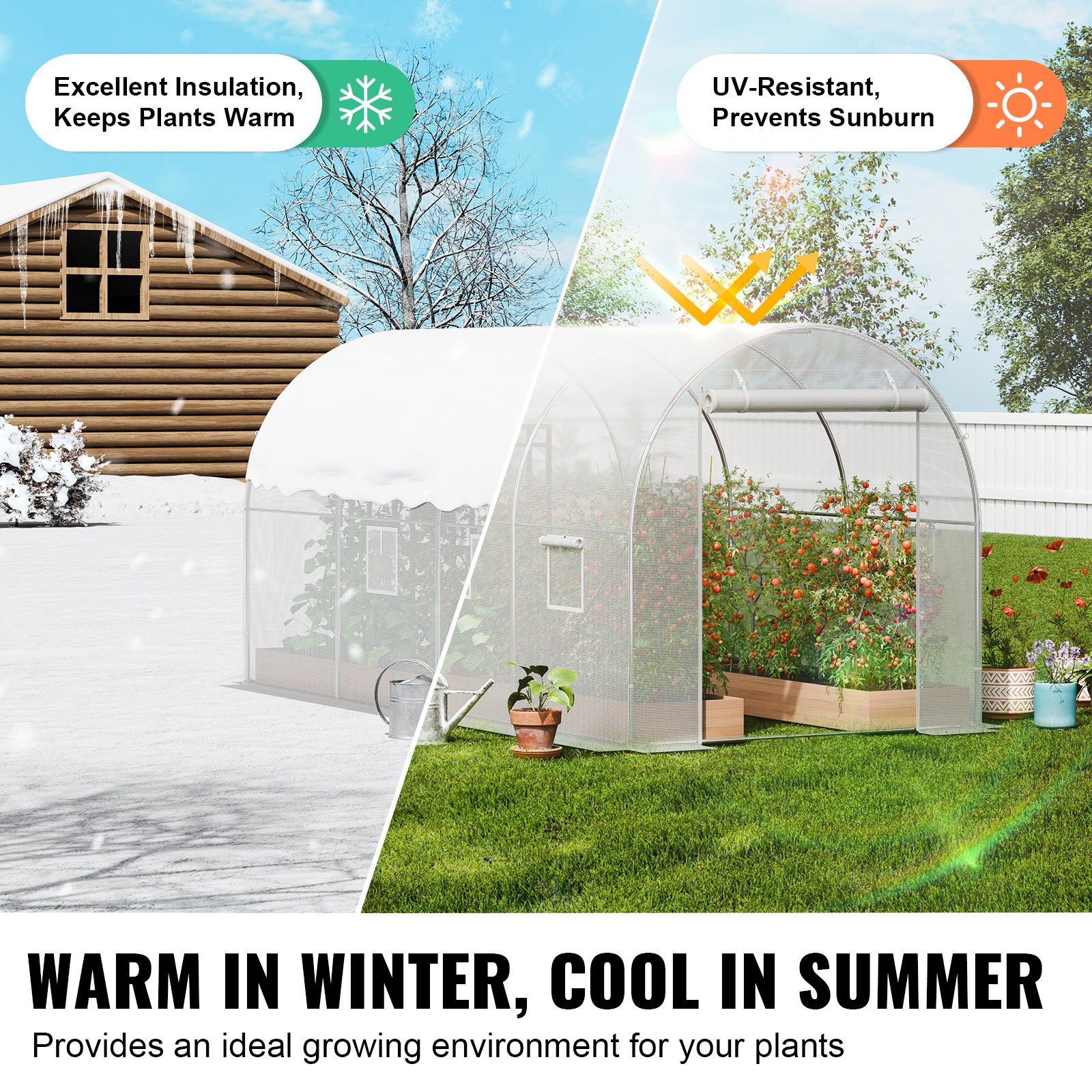 VEVOR Walk-In Tunnelkas, 3,9 x 1,9 x 1,8 m, Polytunnelkas, Plantenkas met gegalvaniseerd stalen frame, witte PE-afdekking, oprolbare ritssluiting en 6 ramen voor buitengebruik