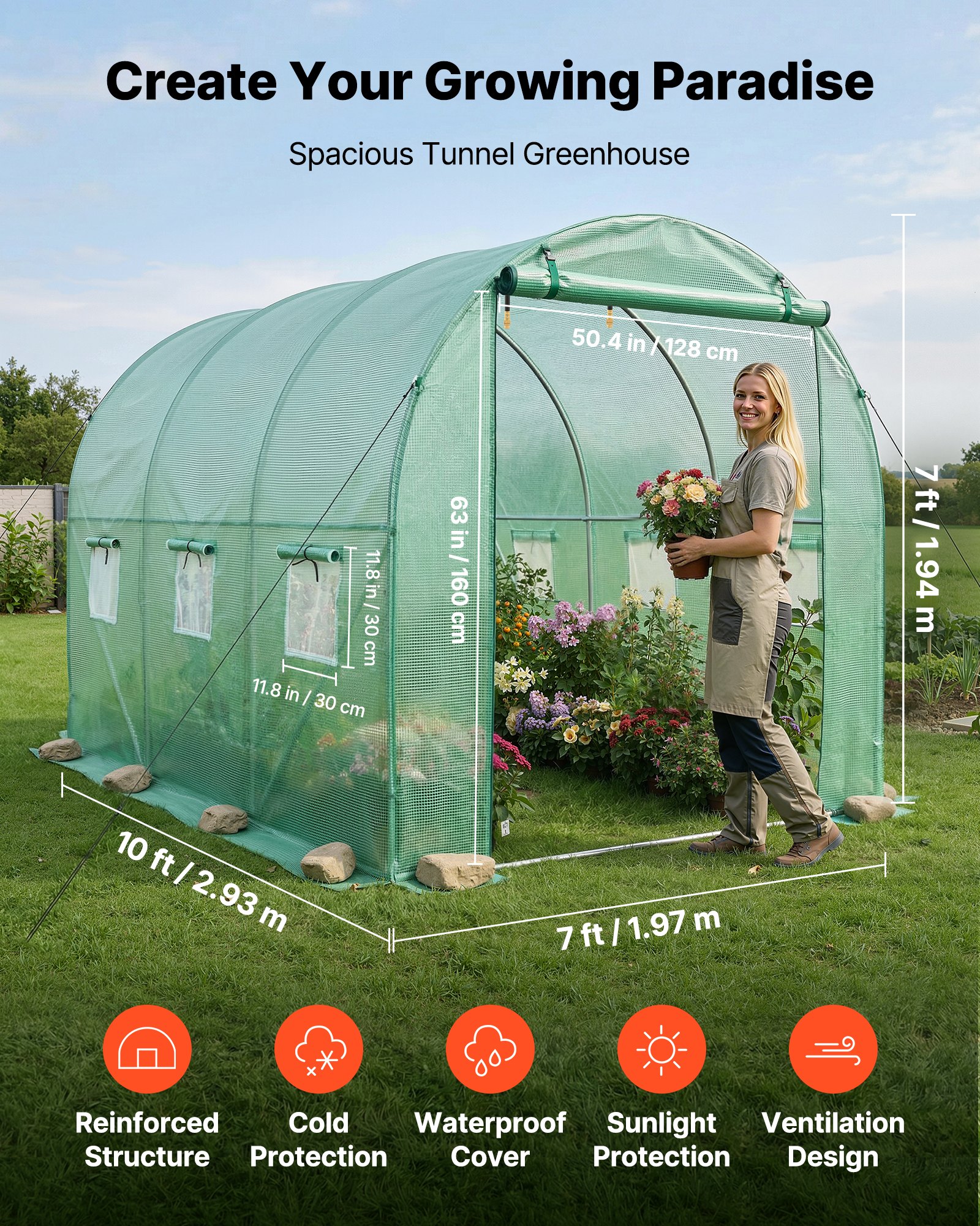 VEVOR Kas 2,93x1,97x1,94 m, Foliekas, Polytunnel met irrigatiesysteem, Stalen frame, PE-hoes, Roldeur met ritssluiting & 6 ramen, Buitenkas