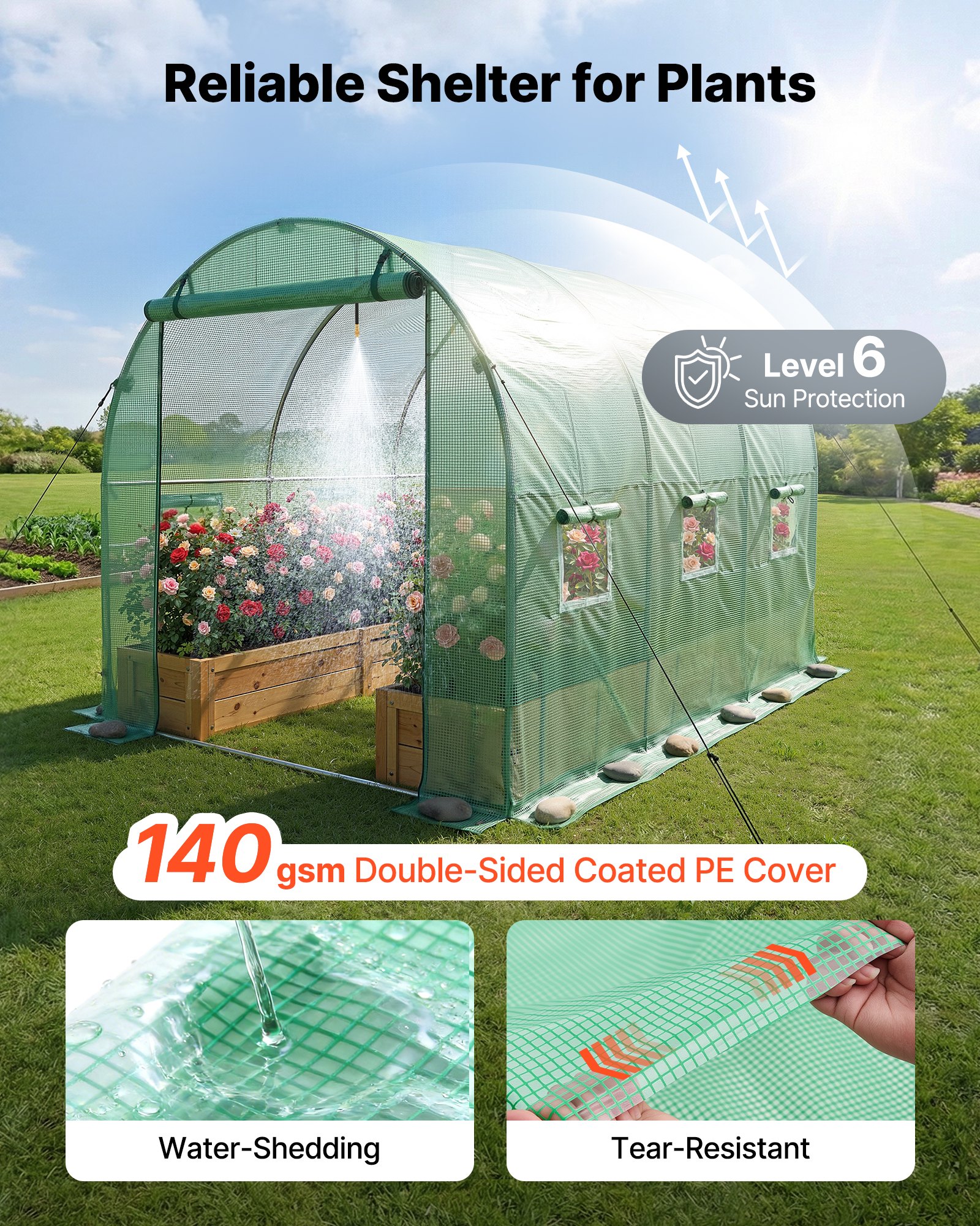 VEVOR Kas 2,93x1,97x1,94 m, Foliekas, Polytunnel met irrigatiesysteem, Stalen frame, PE-hoes, Roldeur met ritssluiting & 6 ramen, Buitenkas