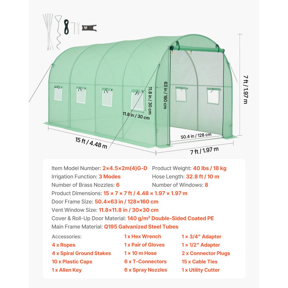 VEVOR Kas 4,48x1,97x1,97 m, Foliekas, Polytunnel met irrigatiesysteem, Stalen frame, PE-hoes, Roldeur met ritssluiting & 8 ramen, Buitenkas