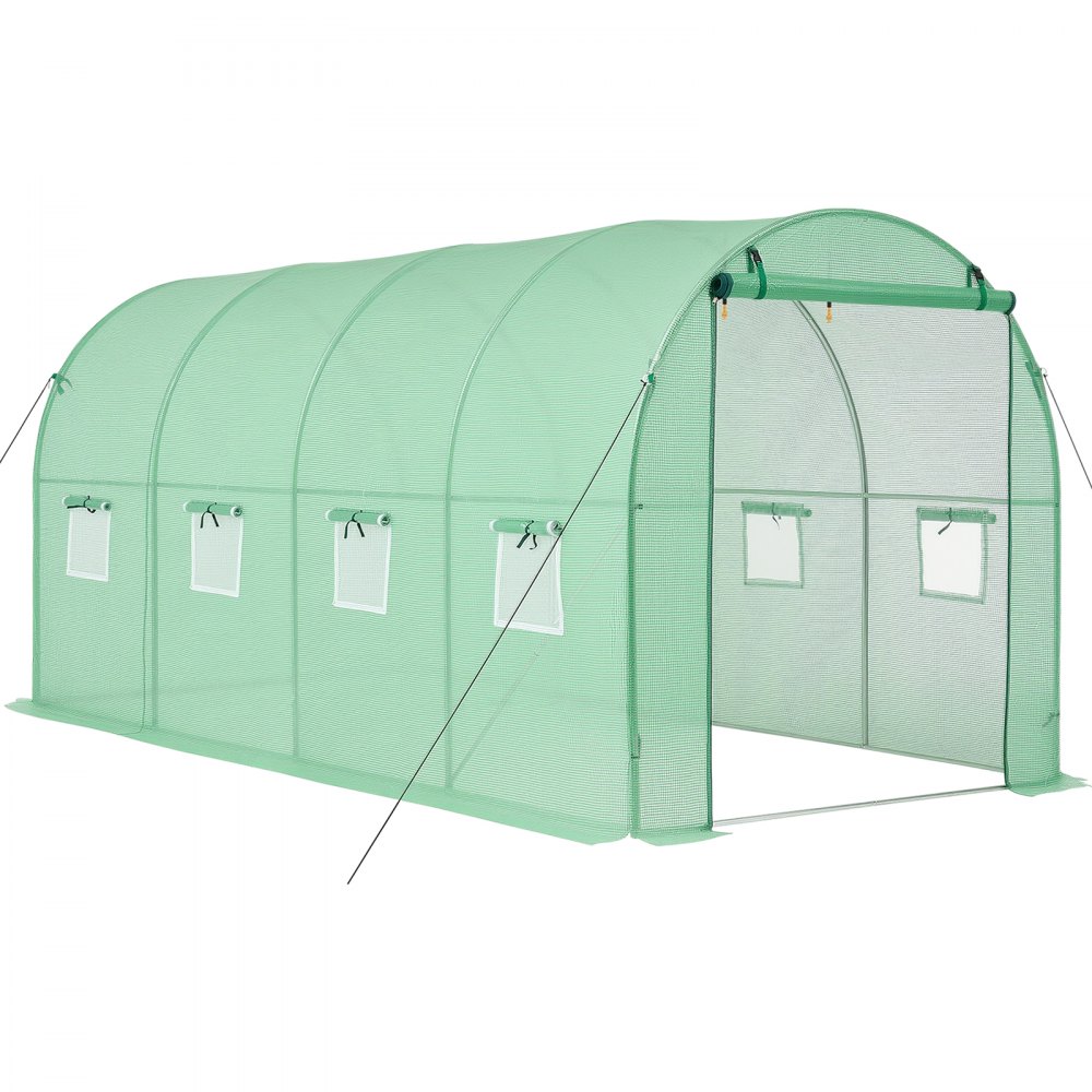 VEVOR Kas 4,48x1,97x1,97 m, Foliekas, Polytunnel met irrigatiesysteem, Stalen frame, PE-hoes, Roldeur met ritssluiting & 8 ramen, Buitenkas