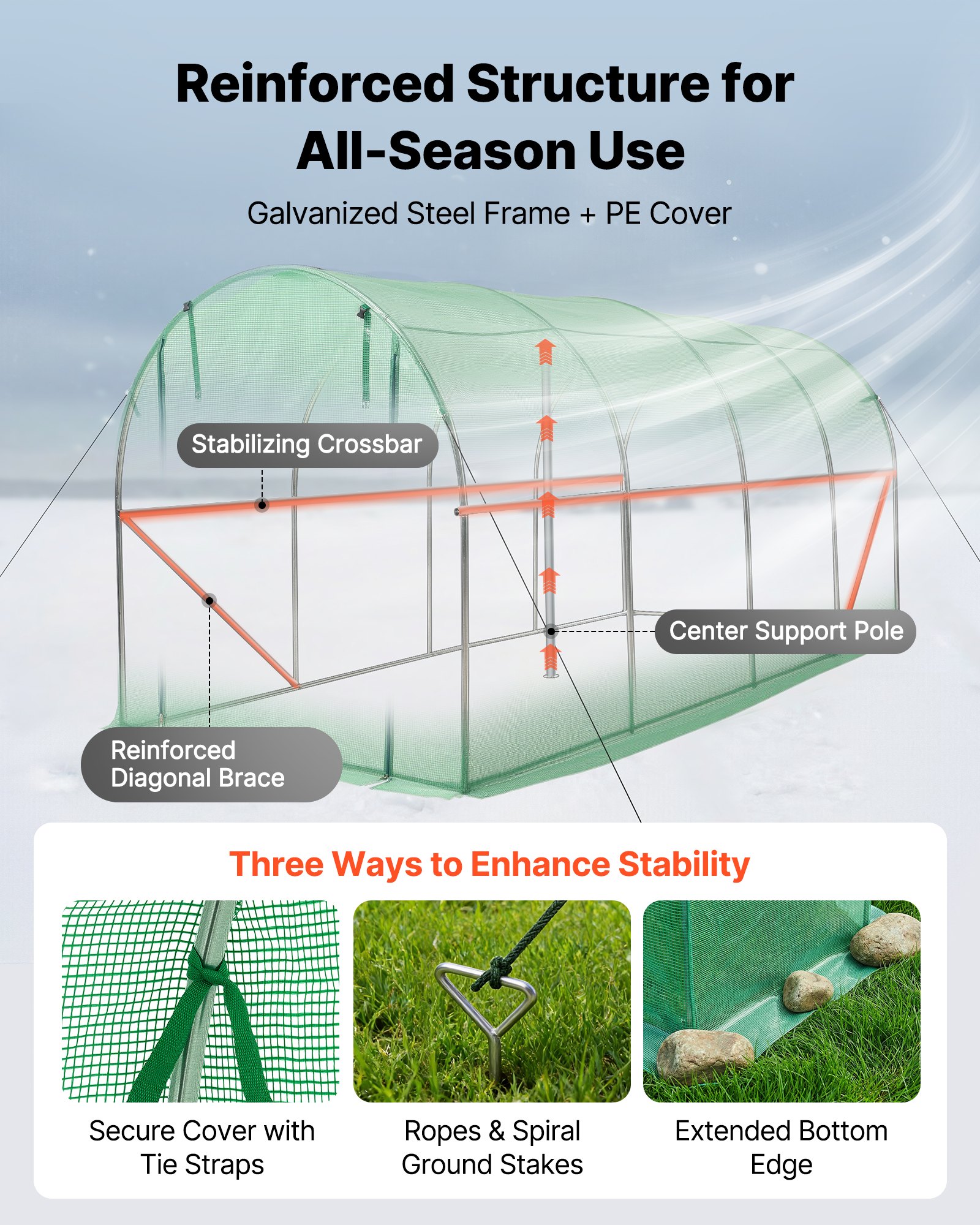 VEVOR Kas 4,48x1,97x1,97 m, Foliekas, Polytunnel met irrigatiesysteem, Stalen frame, PE-hoes, Roldeur met ritssluiting & 8 ramen, Buitenkas