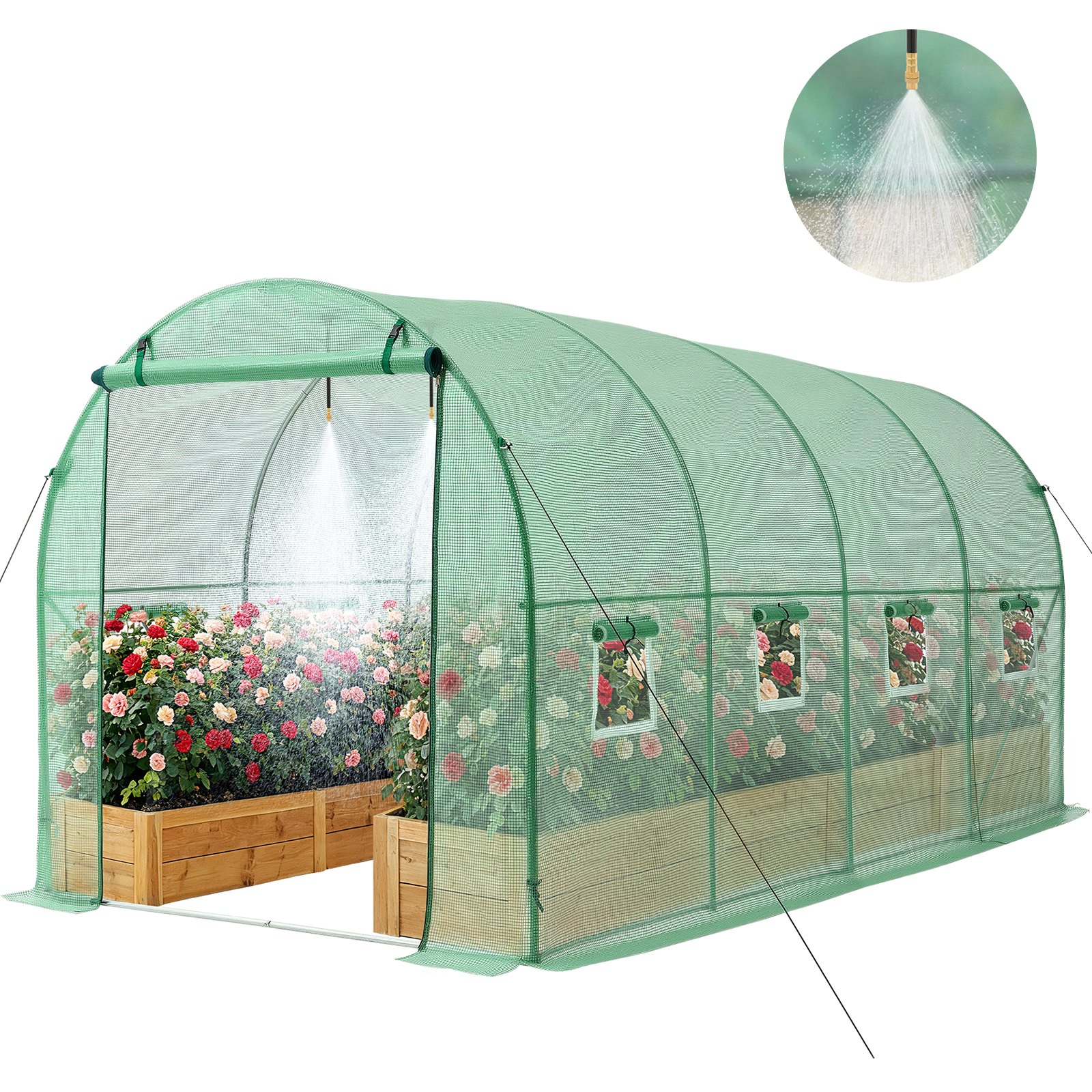 VEVOR Kas 4,48x1,97x1,97 m, Foliekas, Polytunnel met irrigatiesysteem, Stalen frame, PE-hoes, Roldeur met ritssluiting & 8 ramen, Buitenkas