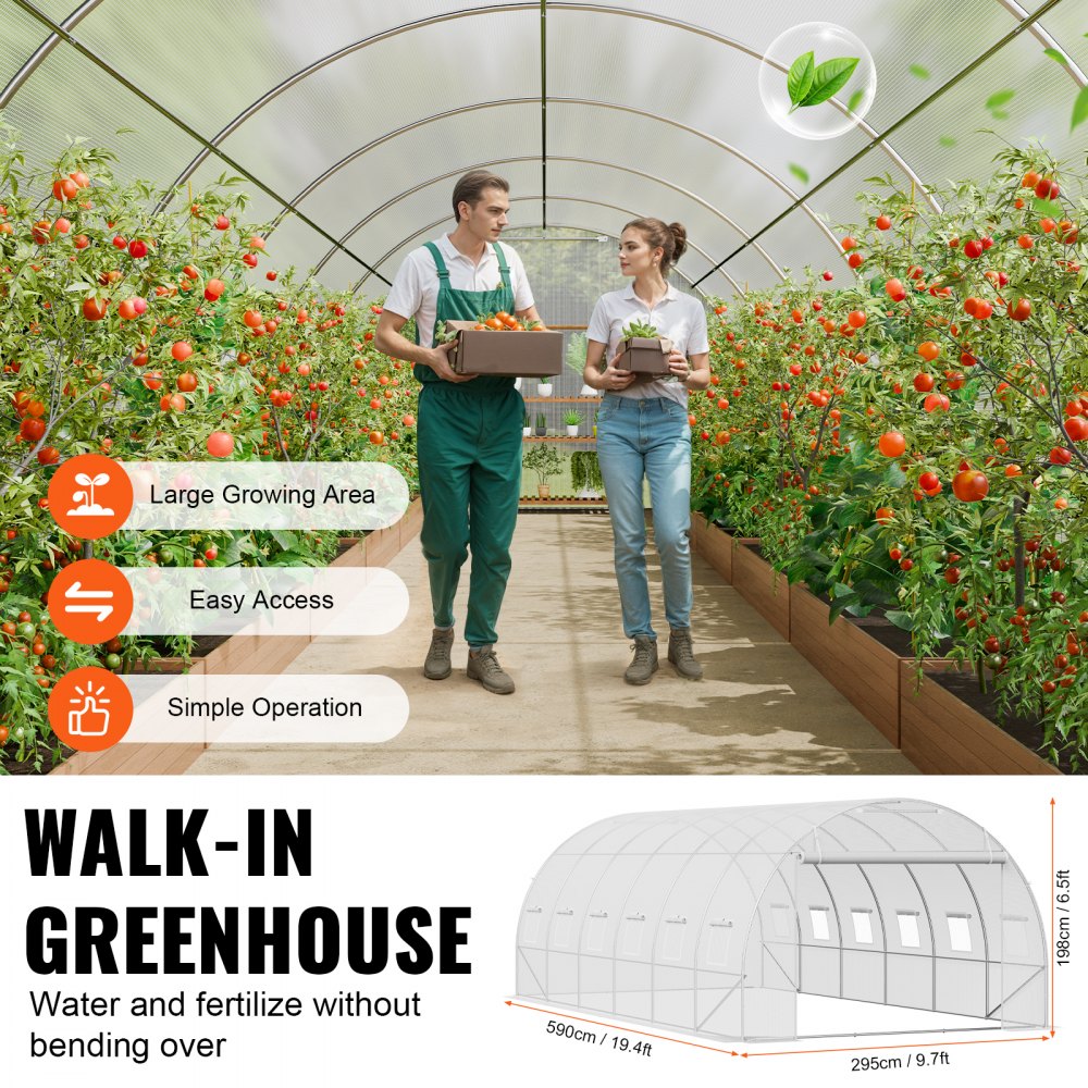 VEVOR Walk-in Tunnel Greenhouse, 19.4x9.7x6.5 ft Hoop House Greenhouse Tunnel, Plant Hot House with Galvanized Steel Frame, White PE Cover, Roll-up Zipper Door and 12 Windows for Outdoor