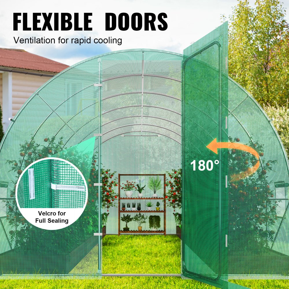 VEVOR Walk-in Tunnel Greenhouse, 19.4x9.7x7.4 ft Hoop House Greenhouse Tunnel, Plant Hot House with Galvanized Steel Frame, Green PE Cover, Swing Door and 12 Roll-up Windows for Outdoor