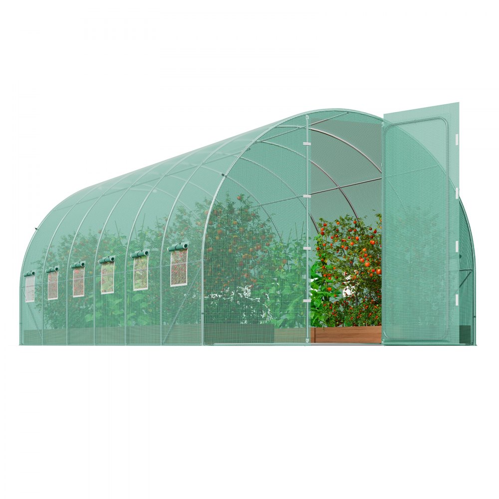 VEVOR Walk-in Tunnel Greenhouse, 19.4x9.7x7.4 ft Hoop House Greenhouse Tunnel, Plant Hot House with Galvanized Steel Frame, Green PE Cover, Swing Door and 12 Roll-up Windows for Outdoor