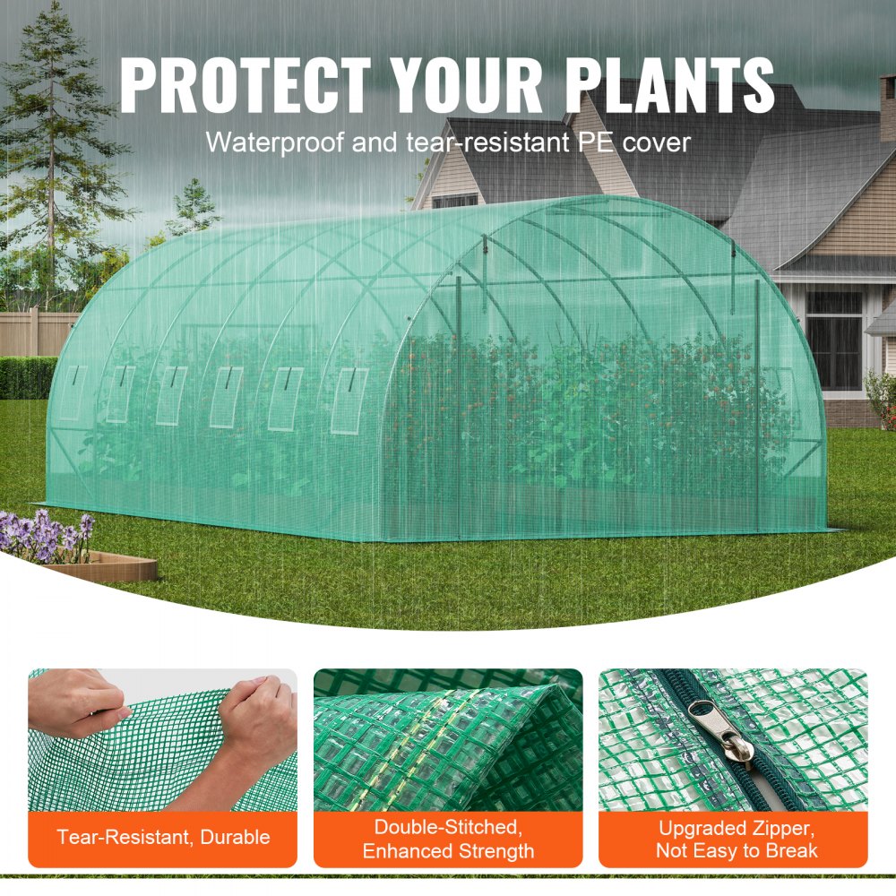 VEVOR Walk-in Tunnel Greenhouse, 19.4x9.7x6.5 ft Hoop House Greenhouse Tunnel, Plant Hot House with Galvanized Steel Frame, Green PE Cover, Roll-up Zipper Door and 12 Windows for Outdoor