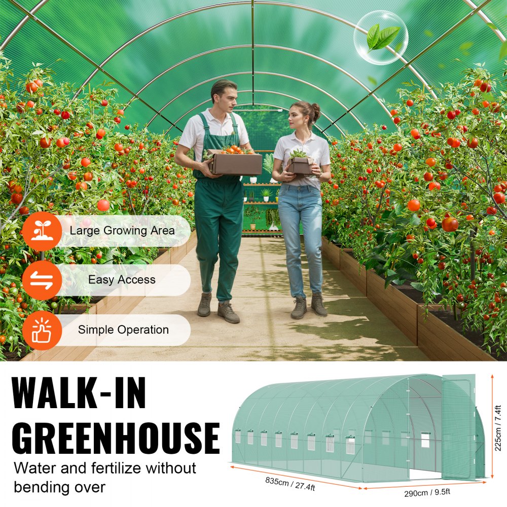 VEVOR Walk-In Tunnelkas, 8,4 x 2,9 x 2,2 m Polytunnelkas, Plantenkas met gegalvaniseerd stalen frame, groene PE-afdekking, draaideur en 16 oprolramen voor buitengebruik