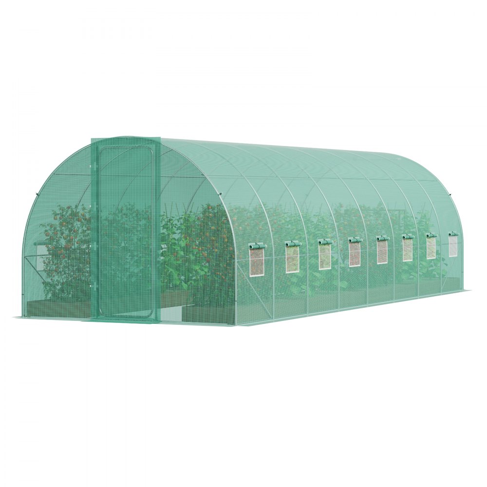 VEVOR Walk-In Tunnelkas, 8,4 x 2,9 x 2,2 m Polytunnelkas, Plantenkas met gegalvaniseerd stalen frame, groene PE-afdekking, draaideur en 16 oprolramen voor buitengebruik