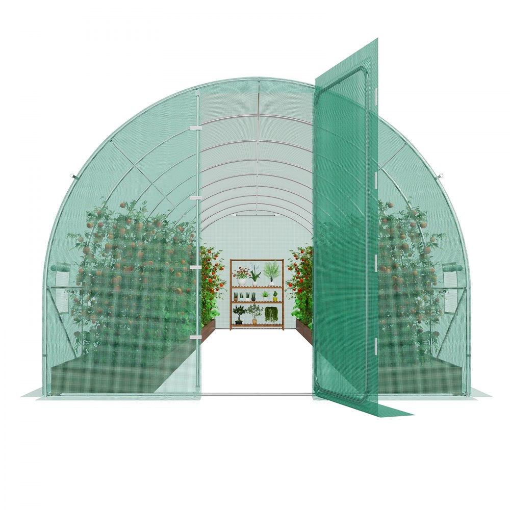 VEVOR Walk-In Tunnelkas, 8,4 x 2,9 x 2,2 m Polytunnelkas, Plantenkas met gegalvaniseerd stalen frame, groene PE-afdekking, draaideur en 16 oprolramen voor buitengebruik