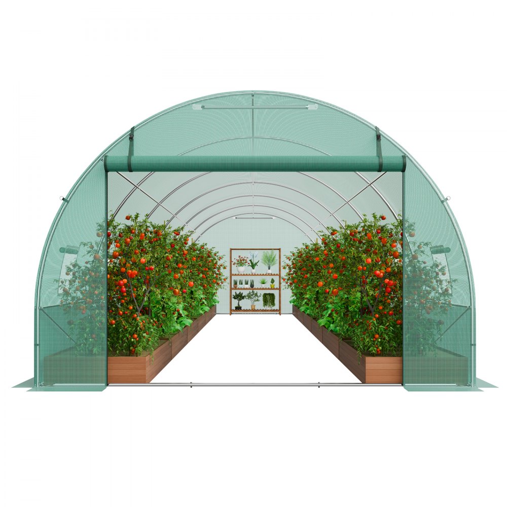 VEVOR Walk-In Tunnelkas, 8,9 x 2,9 x 2,0 m kunststof tunnelkas, plantenkas met gegalvaniseerd stalen frame, groene PE-afdekking, oprolbare ritssluiting en 12 ramen voor buitengebruik