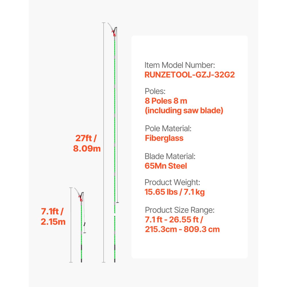 VEVOR takkenzaag met telescopische steel, verstelbaar van 215,3-809,3 cm, scherp zaagblad van 65Mn staal, lichtgewicht glasvezelstok, telescopische boomzaag voor het snoeien van hoge takken, (incl. boomschaar)